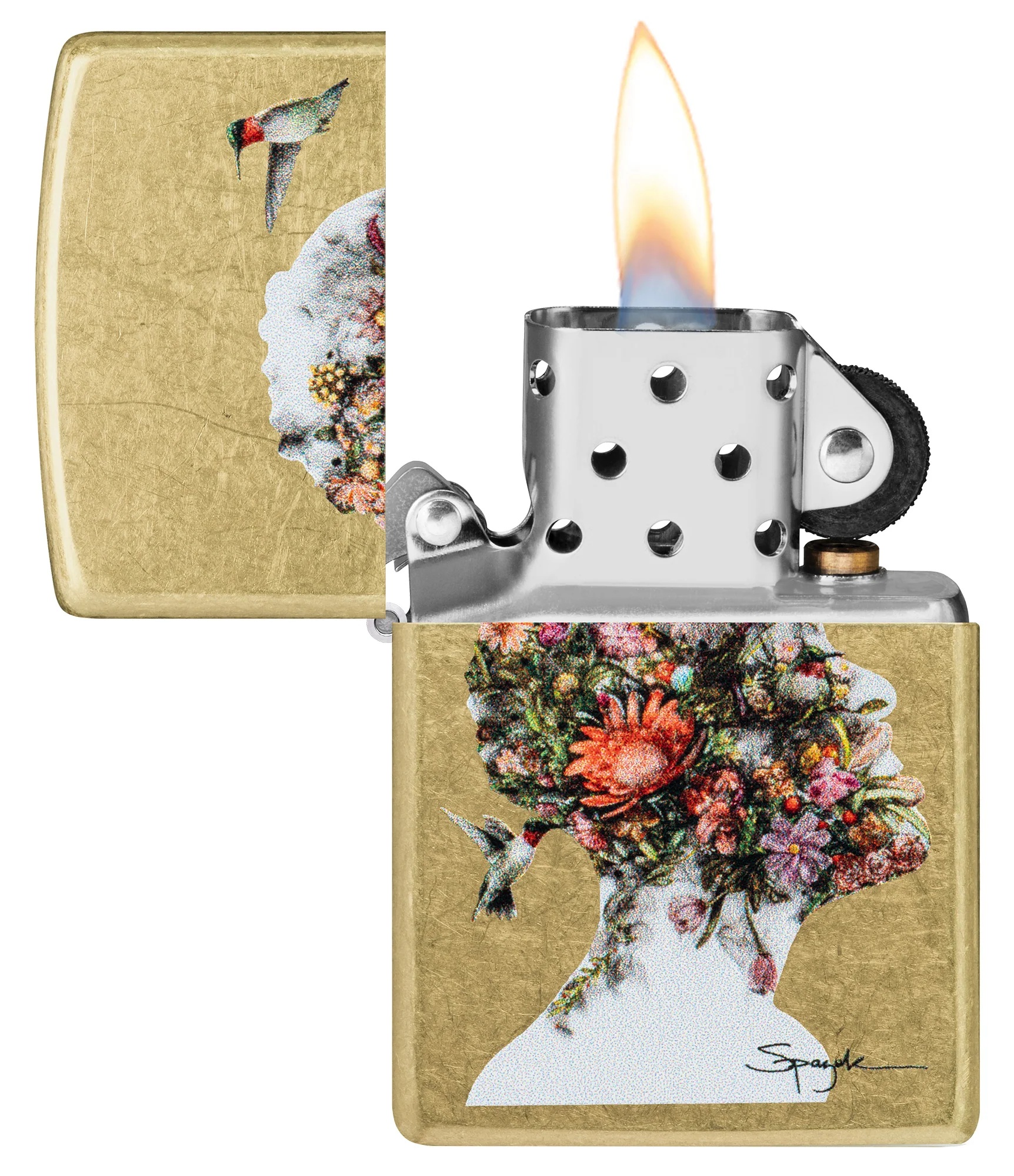Front shot of Zippo Bejeweled Beetle Design High Polish Brass Windproof Lighter standing at a 3/4 angle.