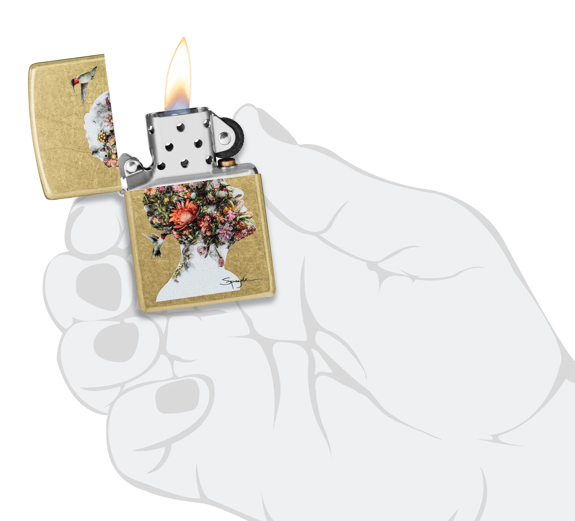 Front shot of Zippo Bejeweled Beetle Design High Polish Brass Windproof Lighter standing at a 3/4 angle.
