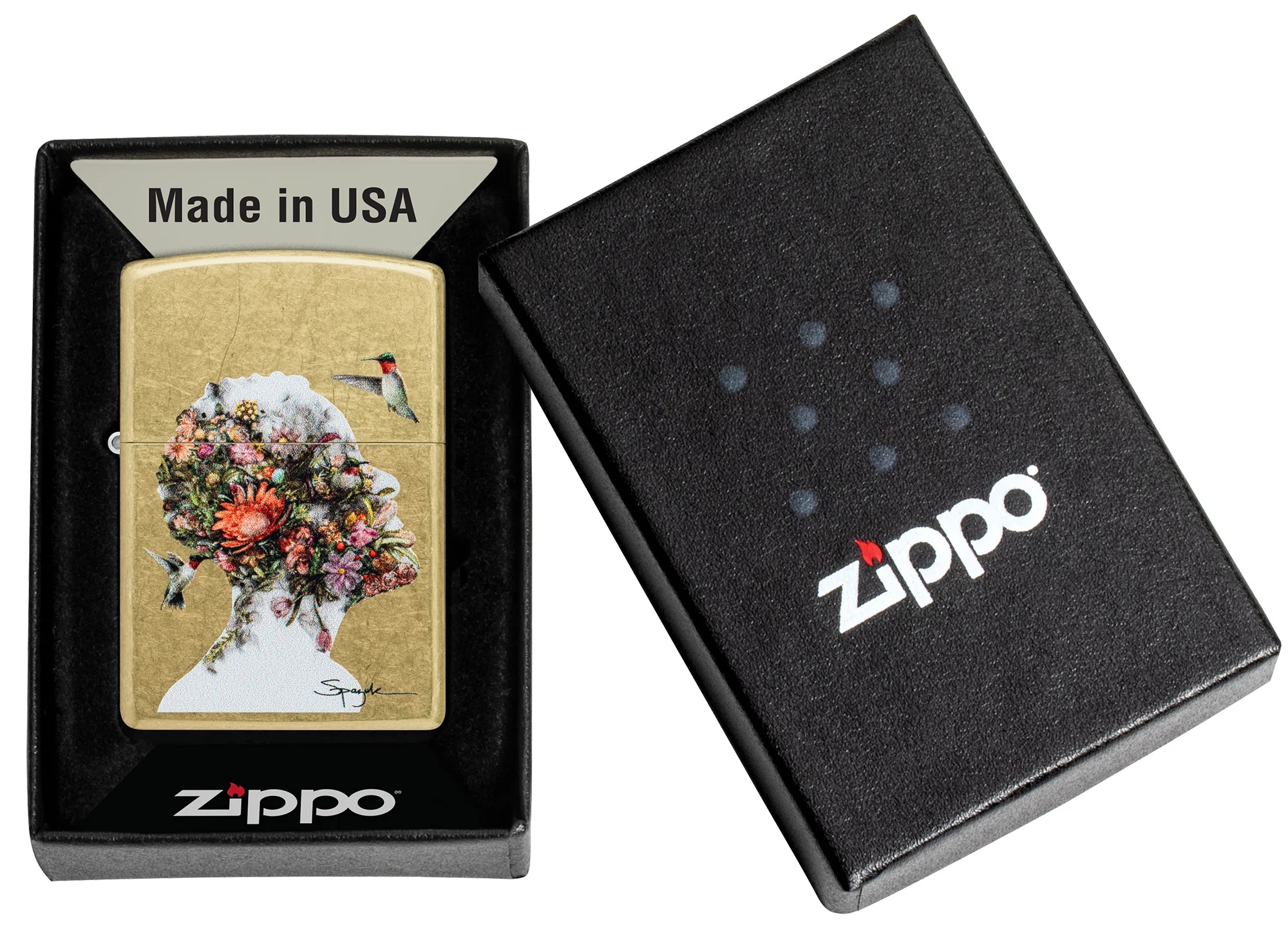 Front shot of Zippo Bejeweled Beetle Design High Polish Brass Windproof Lighter standing at a 3/4 angle.