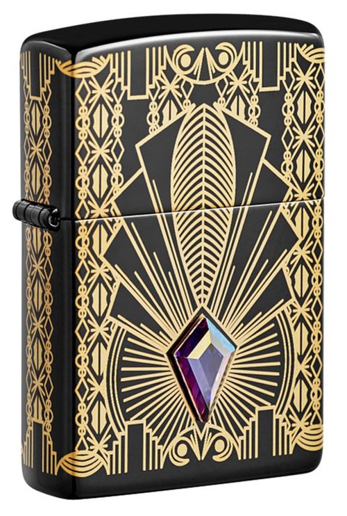 Front shot of Zippo Bejeweled Beetle Design High Polish Brass Windproof Lighter standing at a 3/4 angle.