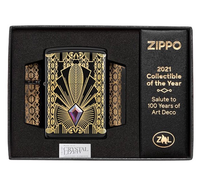 Front shot of Zippo Bejeweled Beetle Design High Polish Brass Windproof Lighter standing at a 3/4 angle.