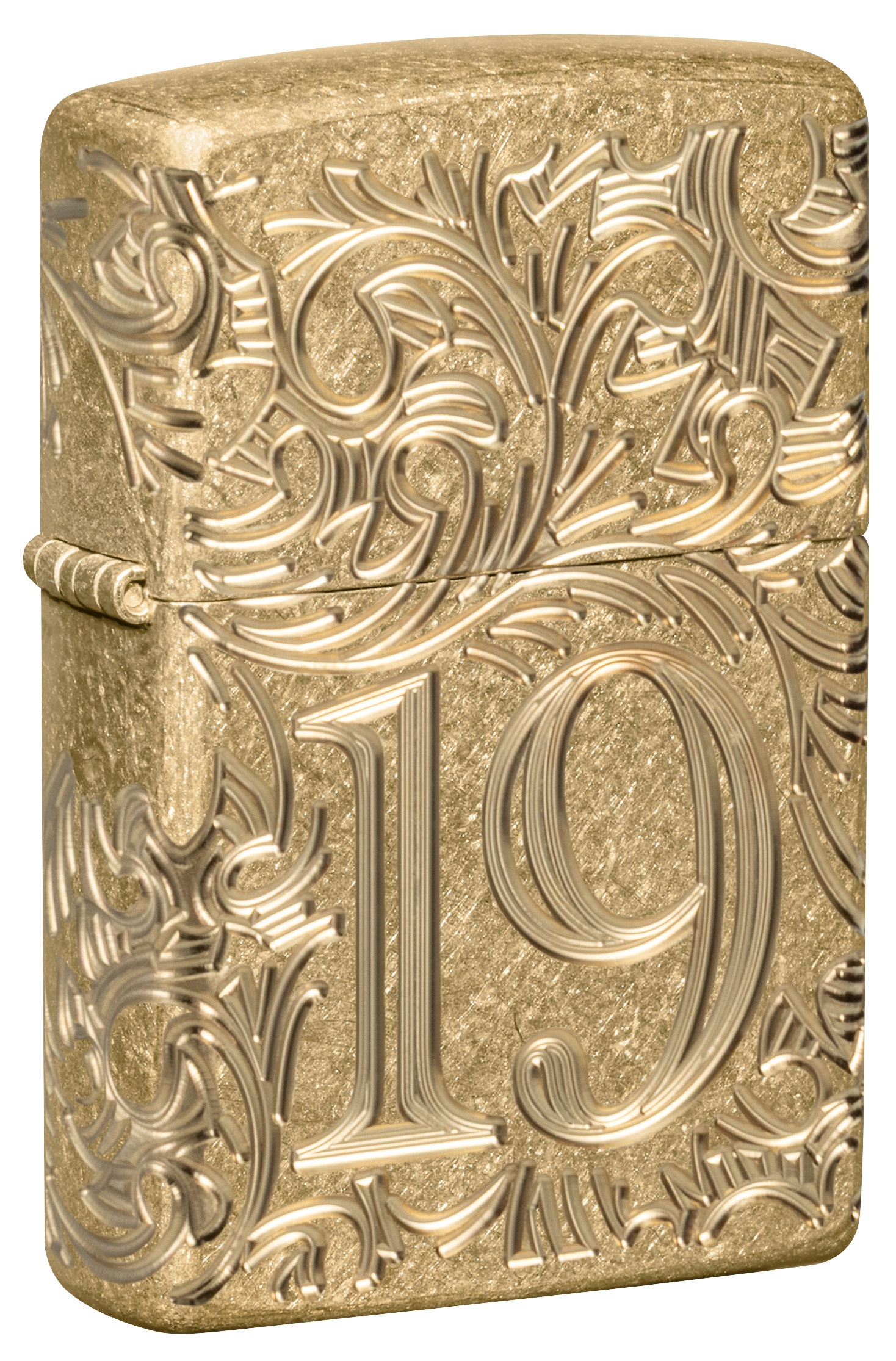 Front shot of Zippo Bejeweled Beetle Design High Polish Brass Windproof Lighter standing at a 3/4 angle.