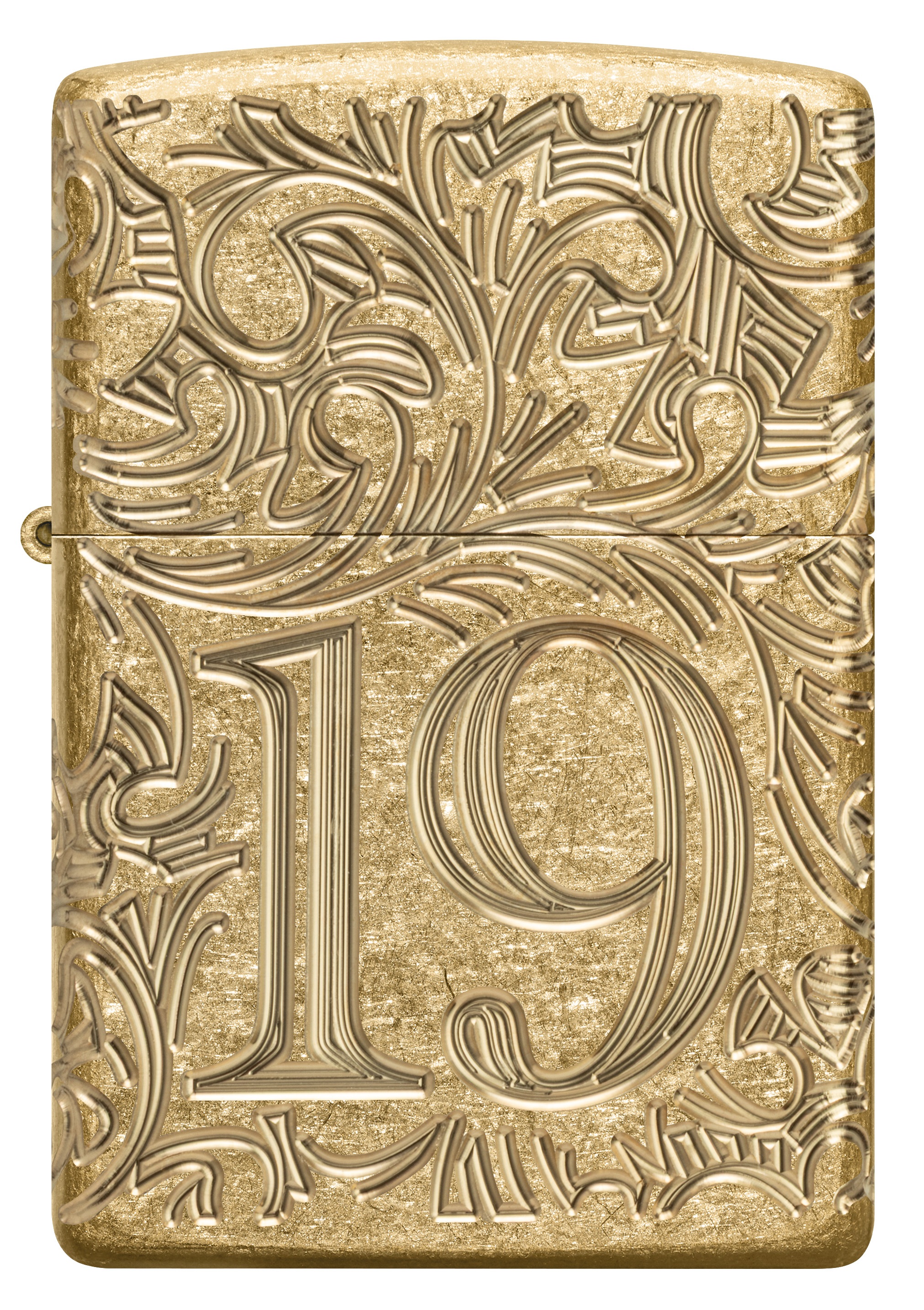 Front shot of Zippo Bejeweled Beetle Design High Polish Brass Windproof Lighter standing at a 3/4 angle.