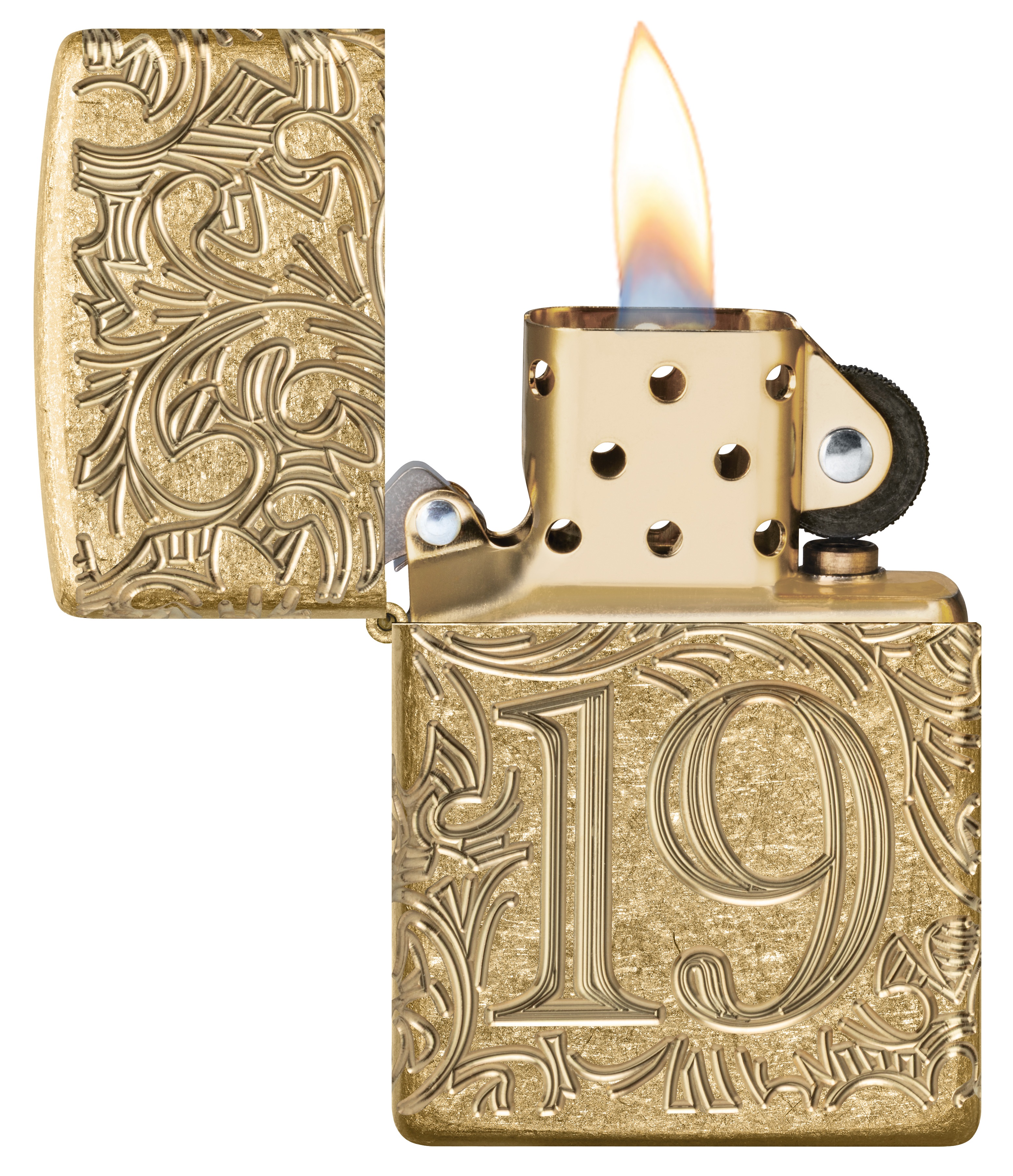 Front shot of Zippo Bejeweled Beetle Design High Polish Brass Windproof Lighter standing at a 3/4 angle.