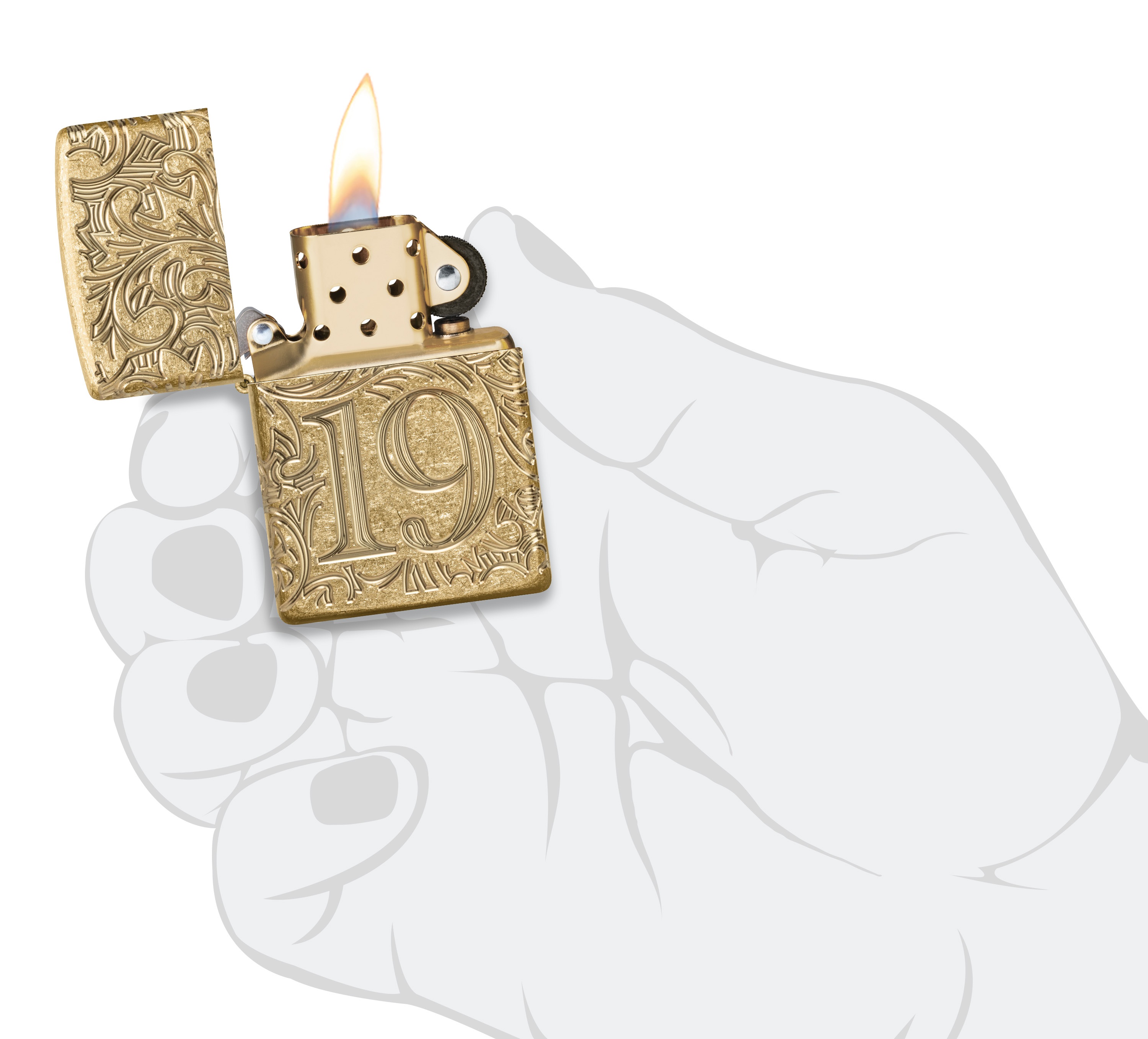 Front shot of Zippo Bejeweled Beetle Design High Polish Brass Windproof Lighter standing at a 3/4 angle.