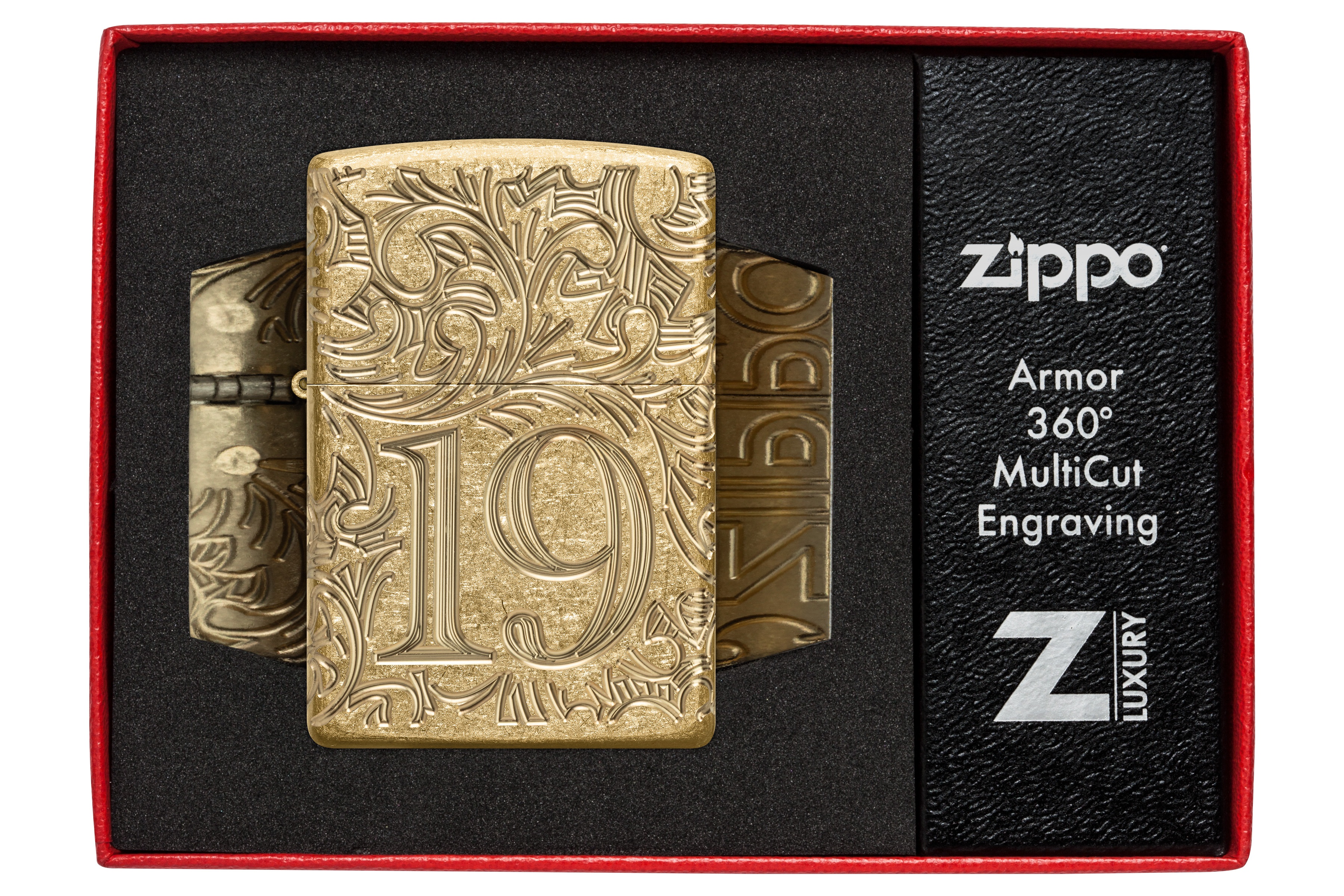 Front shot of Zippo Bejeweled Beetle Design High Polish Brass Windproof Lighter standing at a 3/4 angle.
