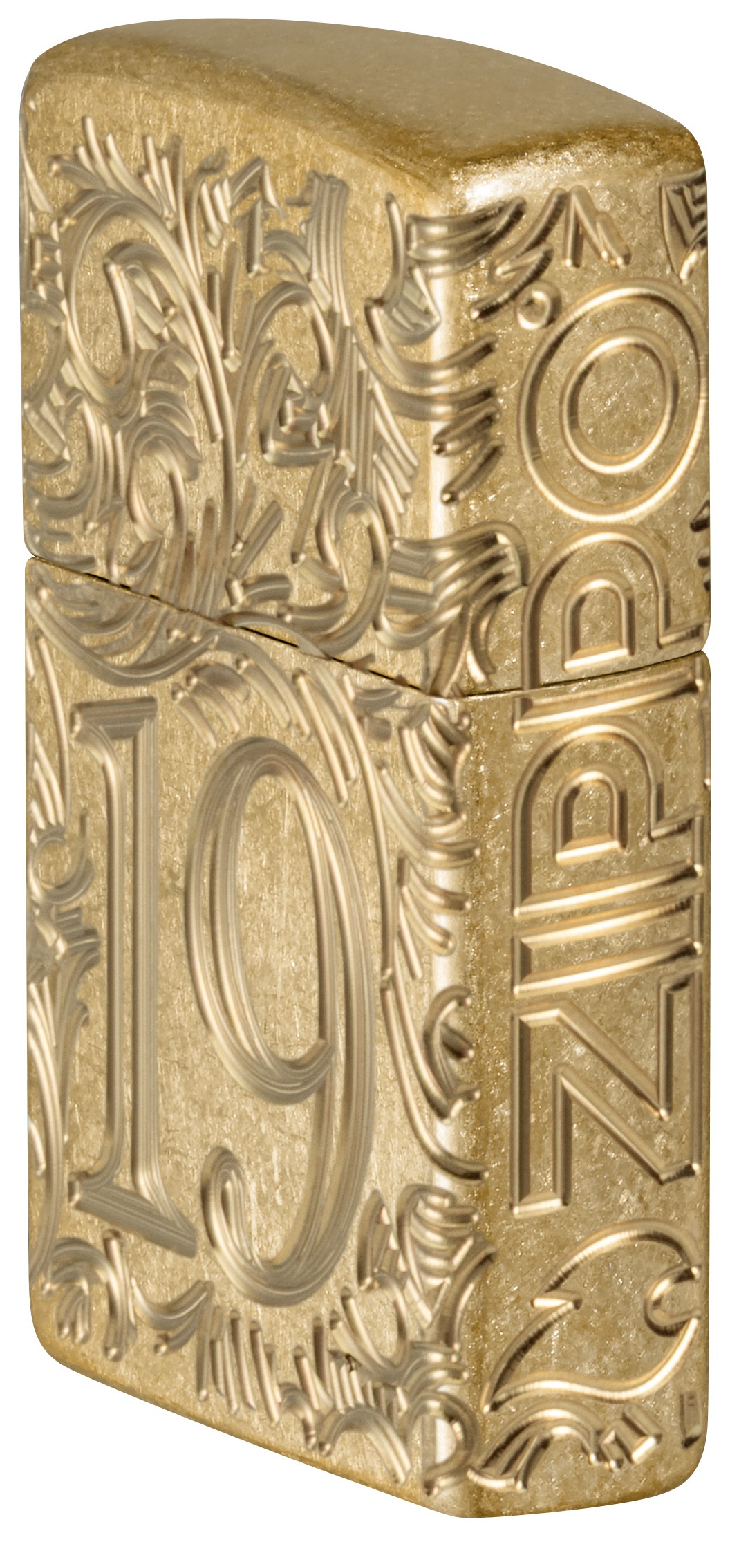 Front shot of Zippo Bejeweled Beetle Design High Polish Brass Windproof Lighter standing at a 3/4 angle.