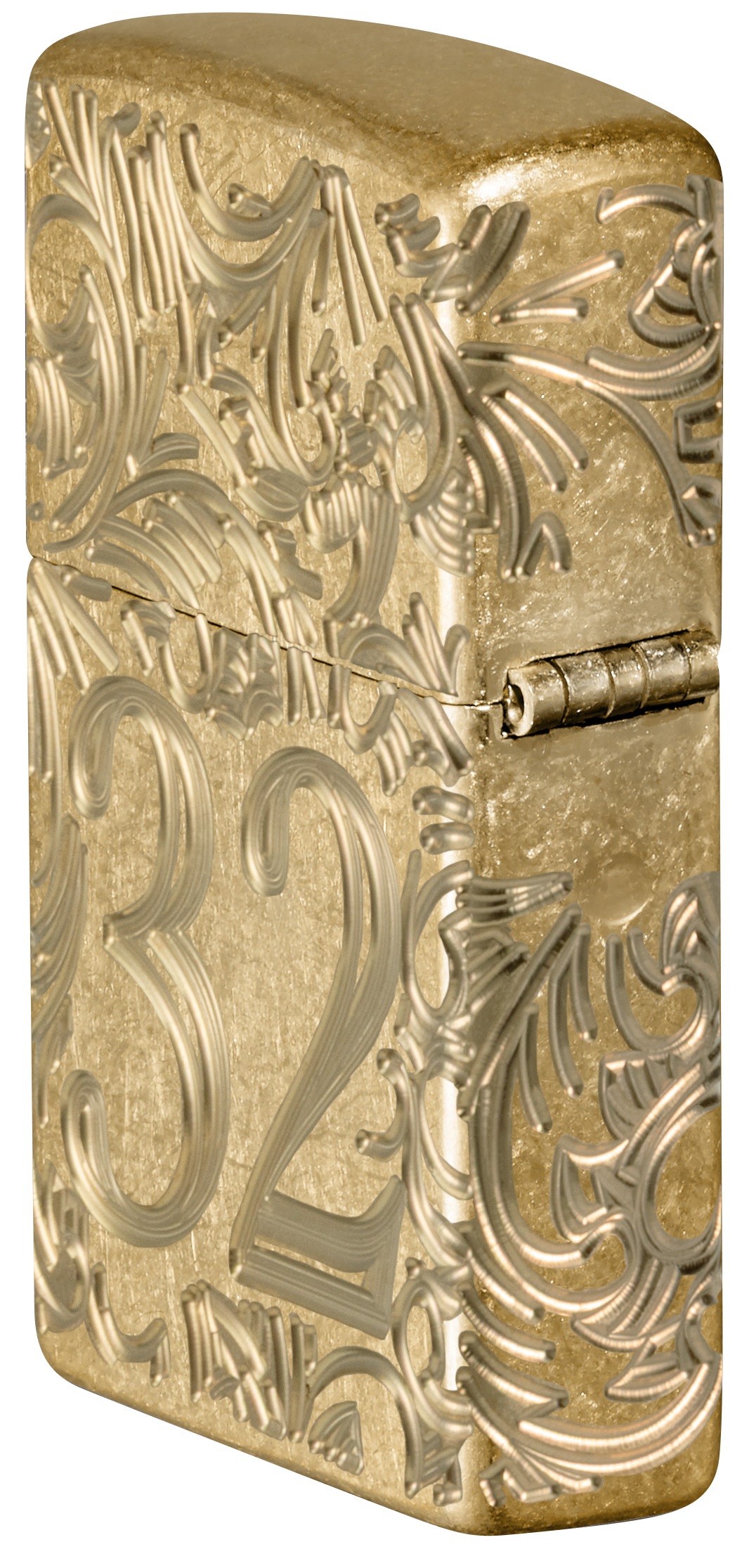 Front shot of Zippo Bejeweled Beetle Design High Polish Brass Windproof Lighter standing at a 3/4 angle.