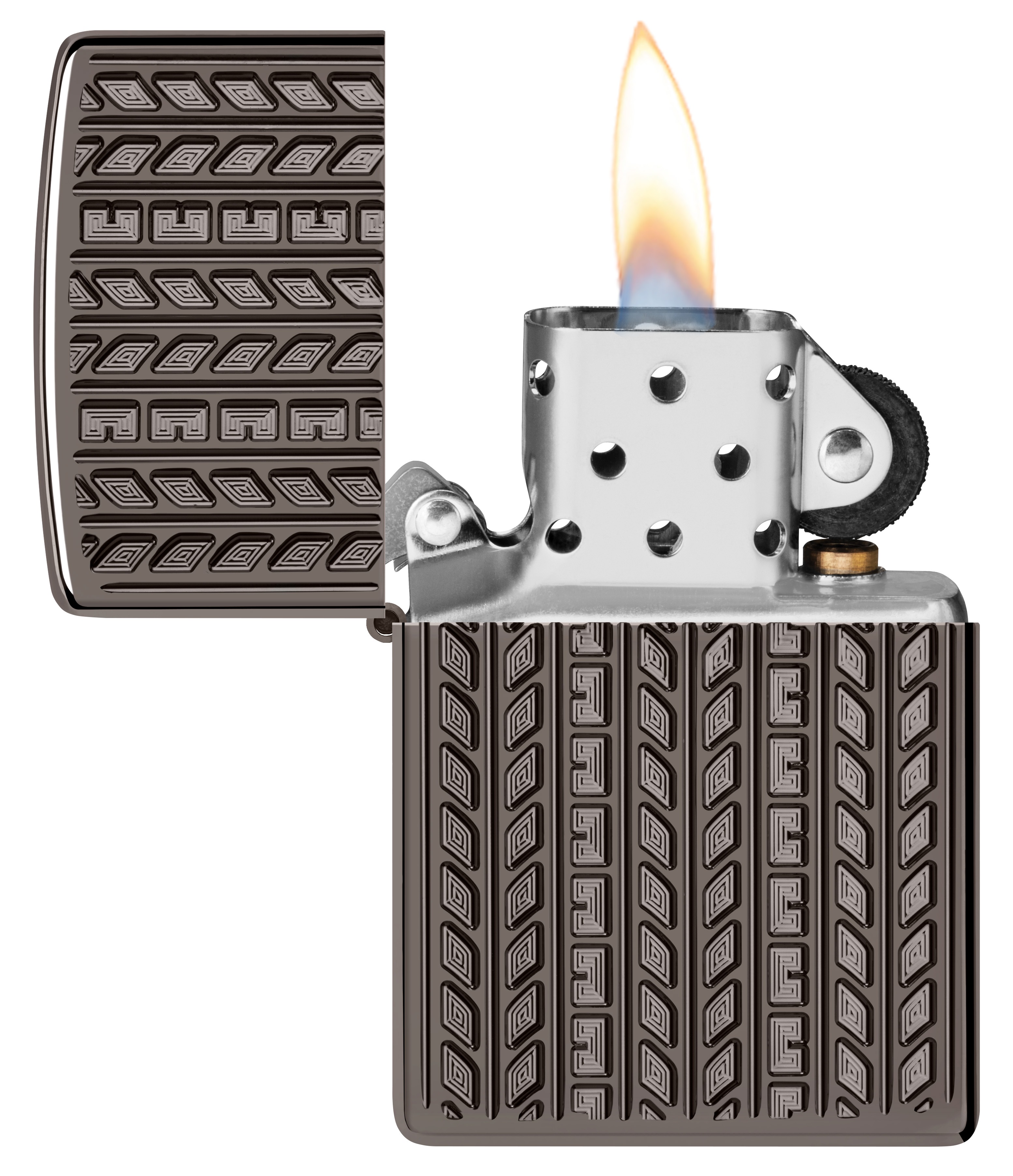 Front shot of Zippo Bejeweled Beetle Design High Polish Brass Windproof Lighter standing at a 3/4 angle.