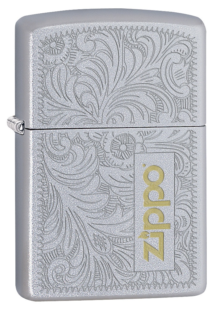 Front shot of Zippo Bejeweled Beetle Design High Polish Brass Windproof Lighter standing at a 3/4 angle.