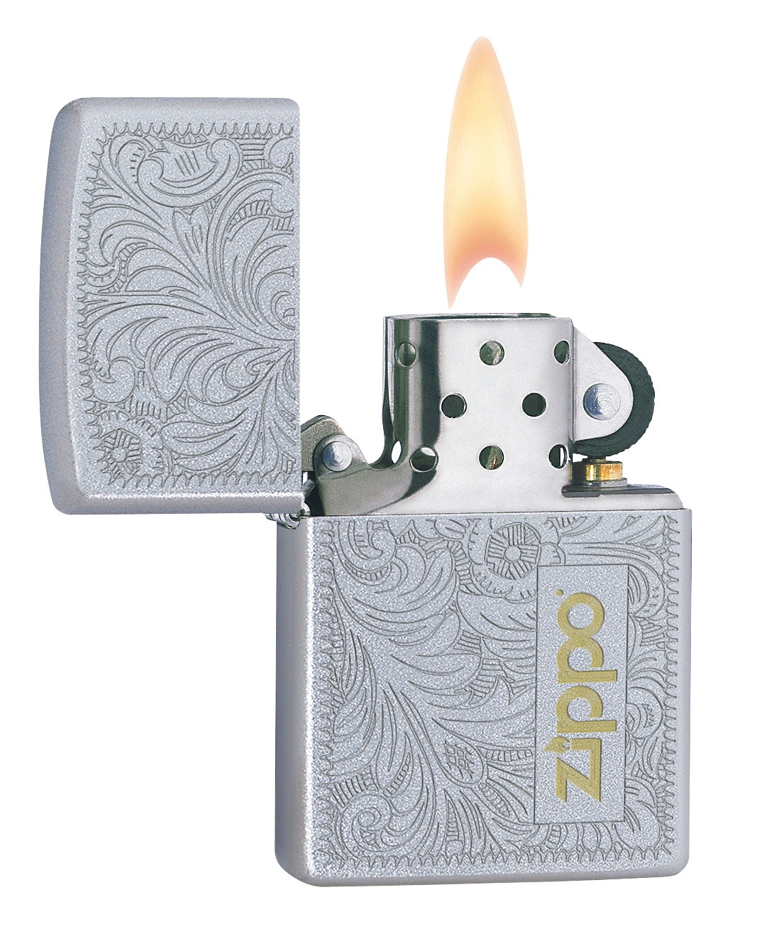 Front shot of Zippo Bejeweled Beetle Design High Polish Brass Windproof Lighter standing at a 3/4 angle.