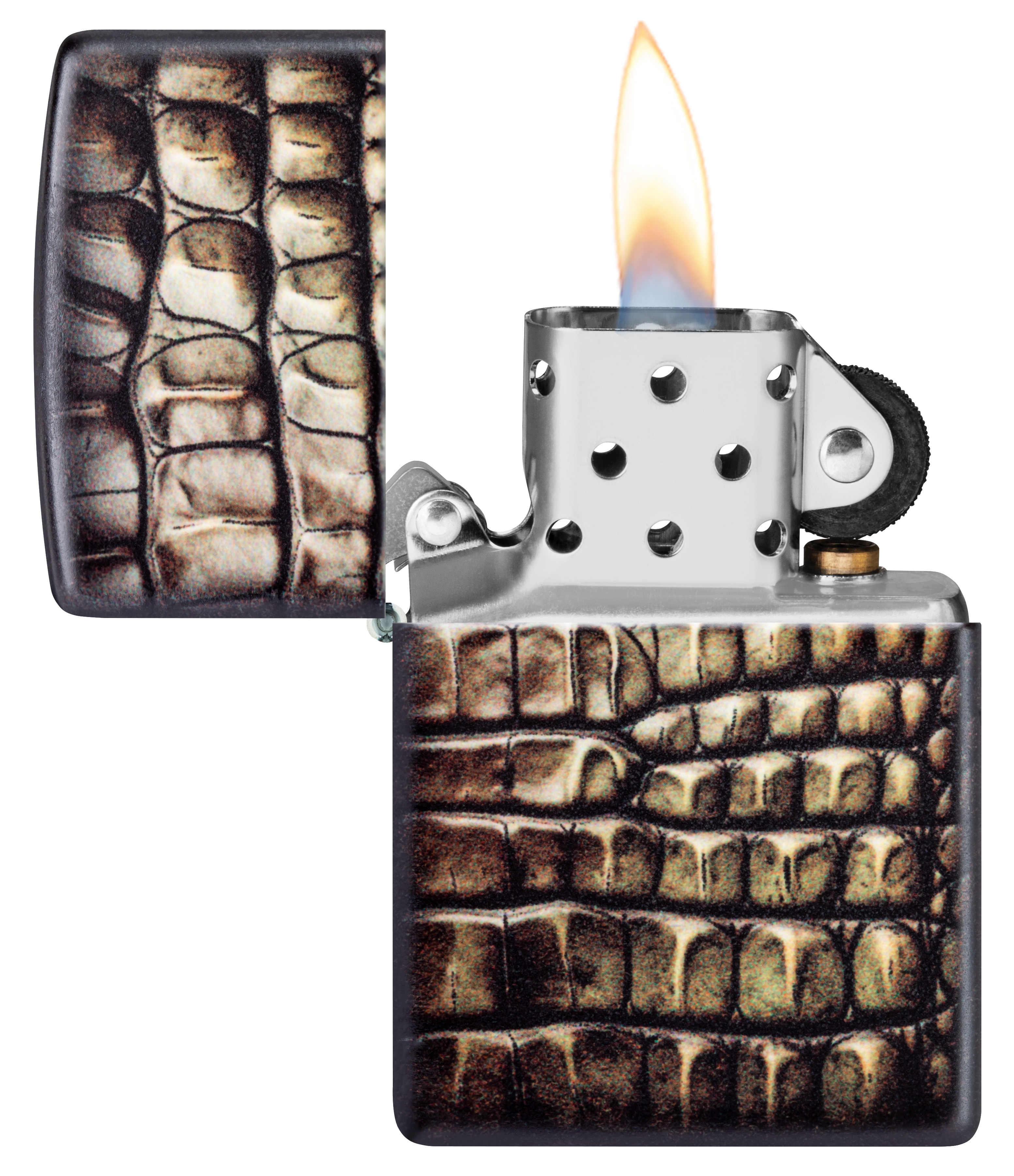 Front shot of Zippo Bejeweled Beetle Design High Polish Brass Windproof Lighter standing at a 3/4 angle.