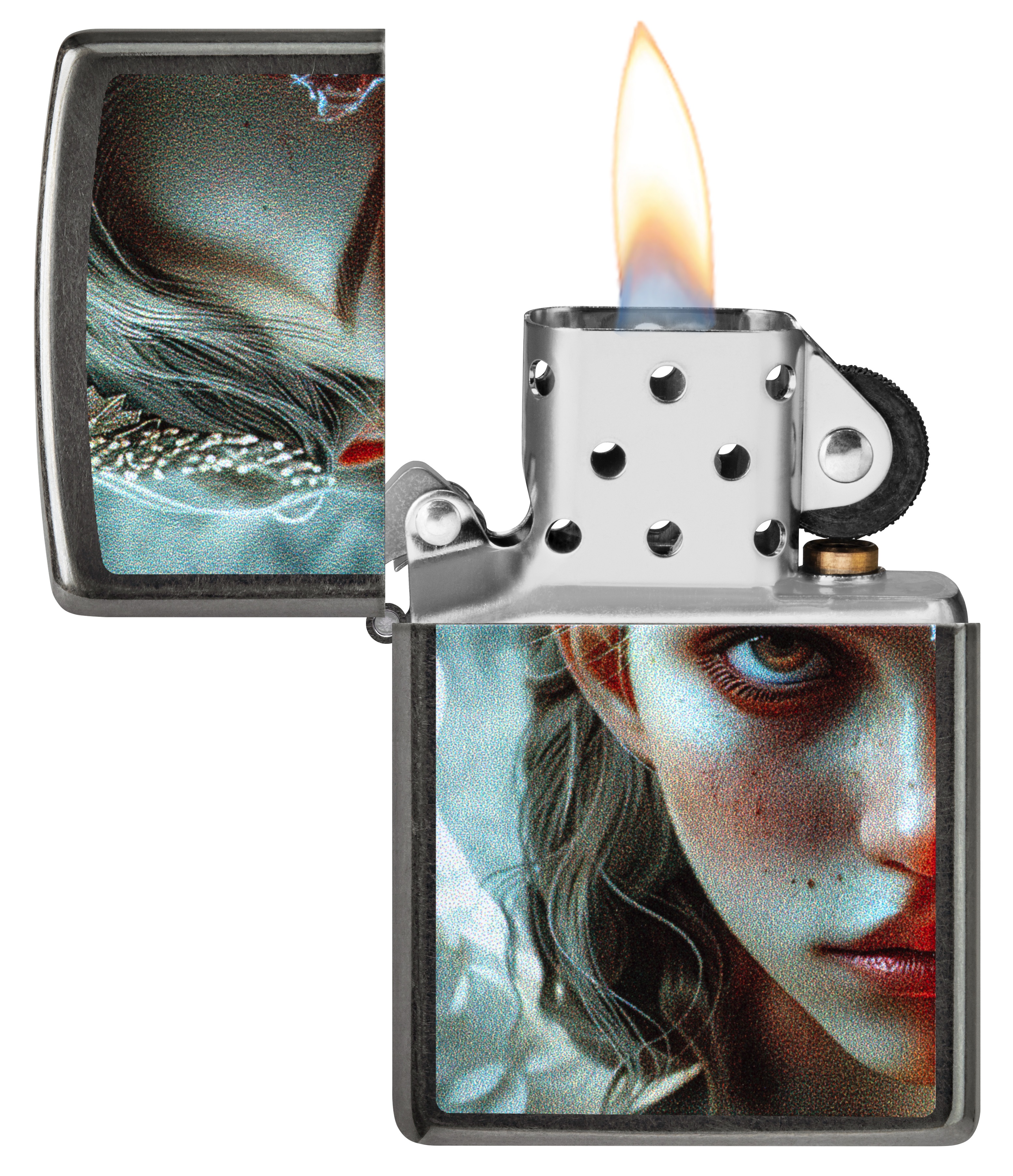 Front shot of Zippo Bejeweled Beetle Design High Polish Brass Windproof Lighter standing at a 3/4 angle.
