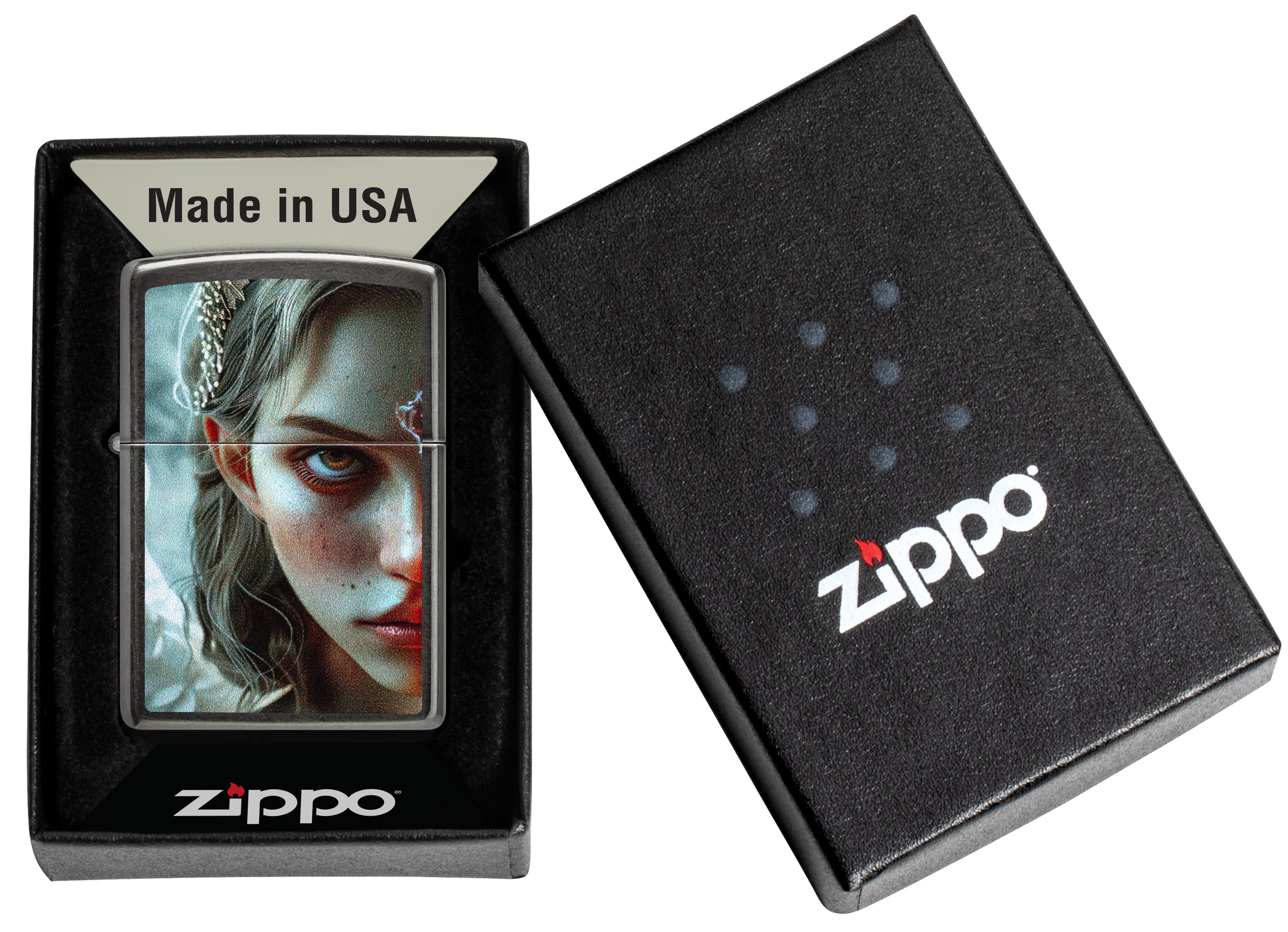 Front shot of Zippo Bejeweled Beetle Design High Polish Brass Windproof Lighter standing at a 3/4 angle.