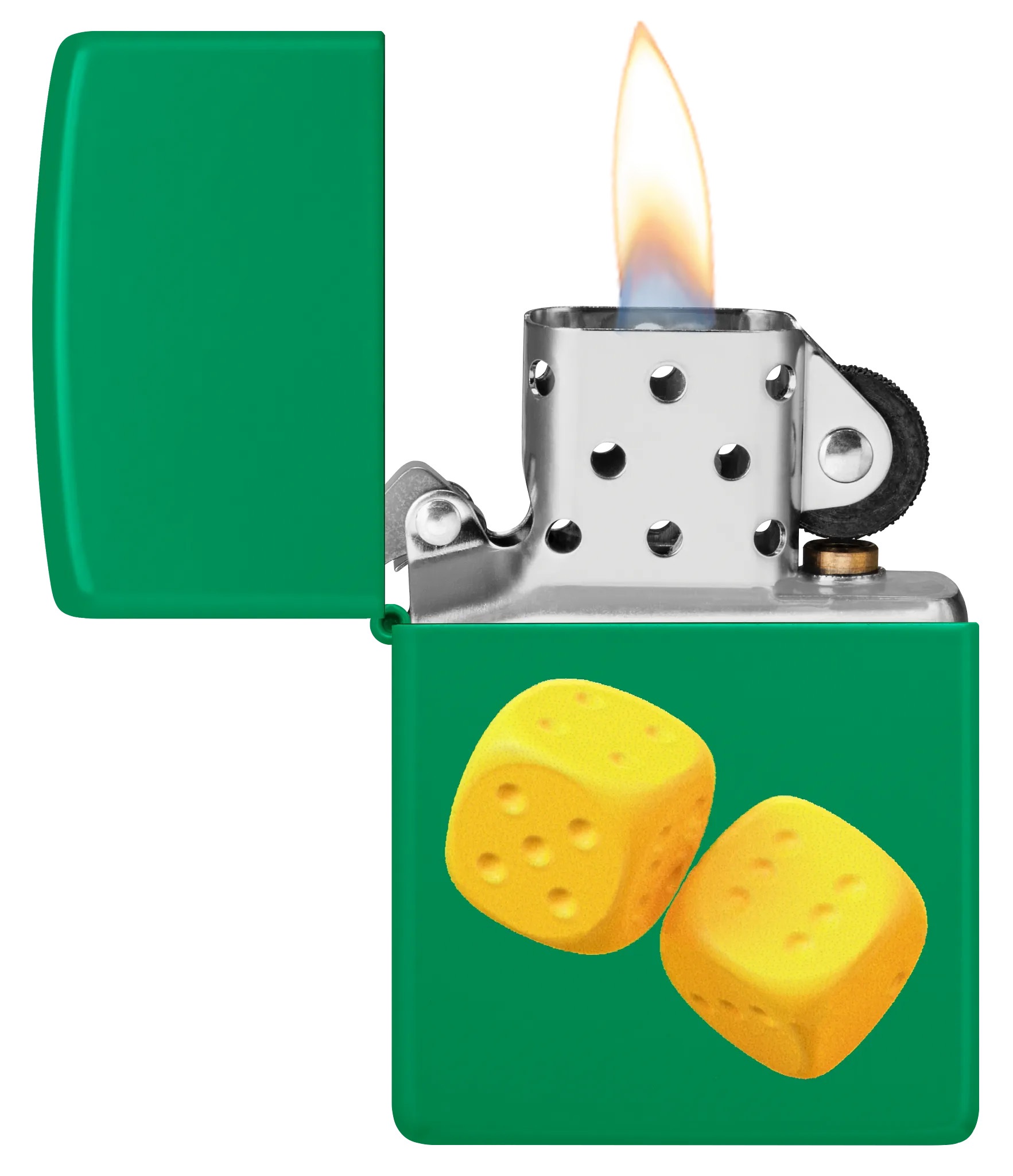 Front shot of Zippo Bejeweled Beetle Design High Polish Brass Windproof Lighter standing at a 3/4 angle.