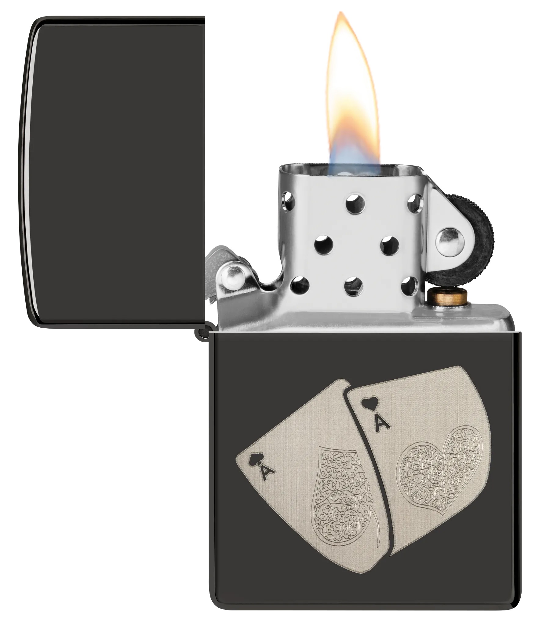 Front shot of Zippo Bejeweled Beetle Design High Polish Brass Windproof Lighter standing at a 3/4 angle.