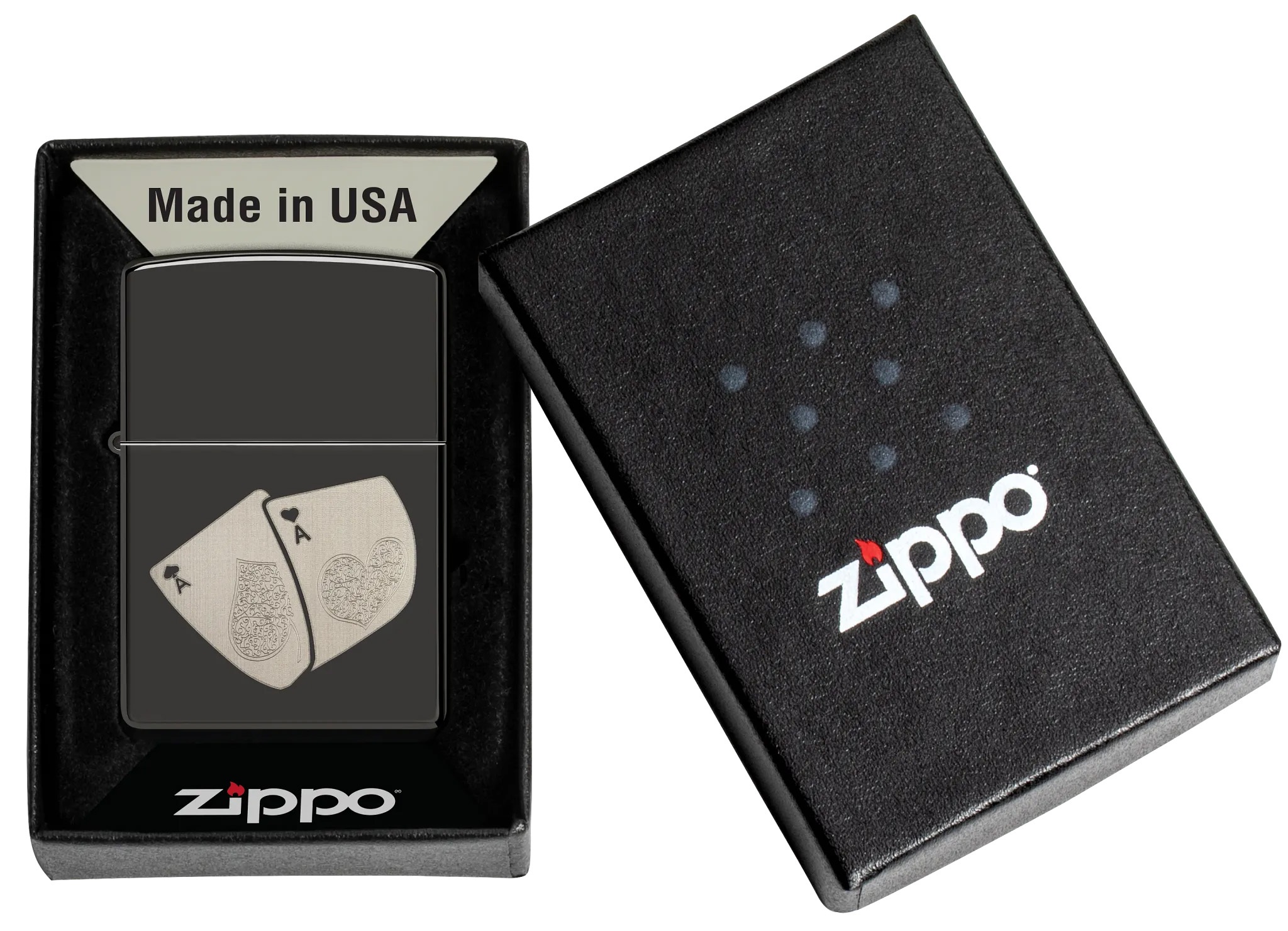Front shot of Zippo Bejeweled Beetle Design High Polish Brass Windproof Lighter standing at a 3/4 angle.