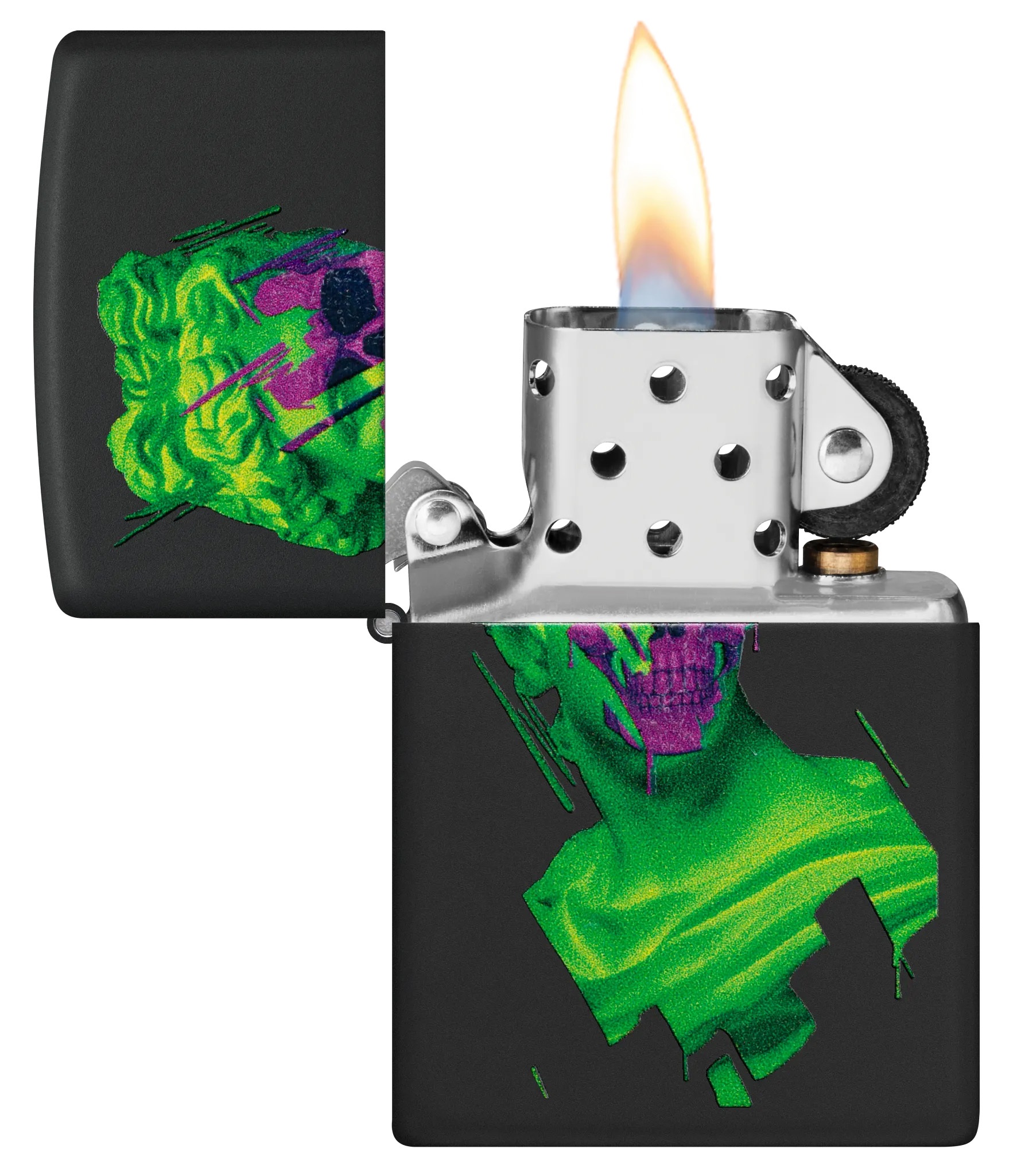 Front shot of Zippo Bejeweled Beetle Design High Polish Brass Windproof Lighter standing at a 3/4 angle.