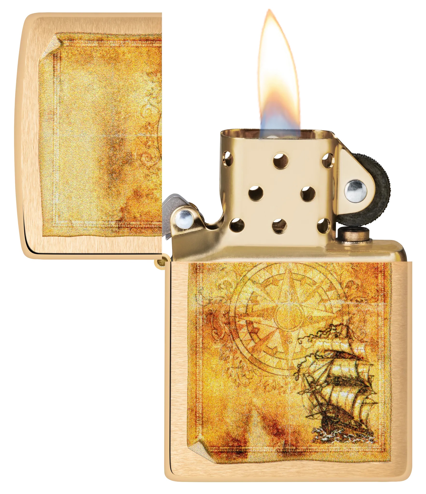 Front shot of Zippo Bejeweled Beetle Design High Polish Brass Windproof Lighter standing at a 3/4 angle.