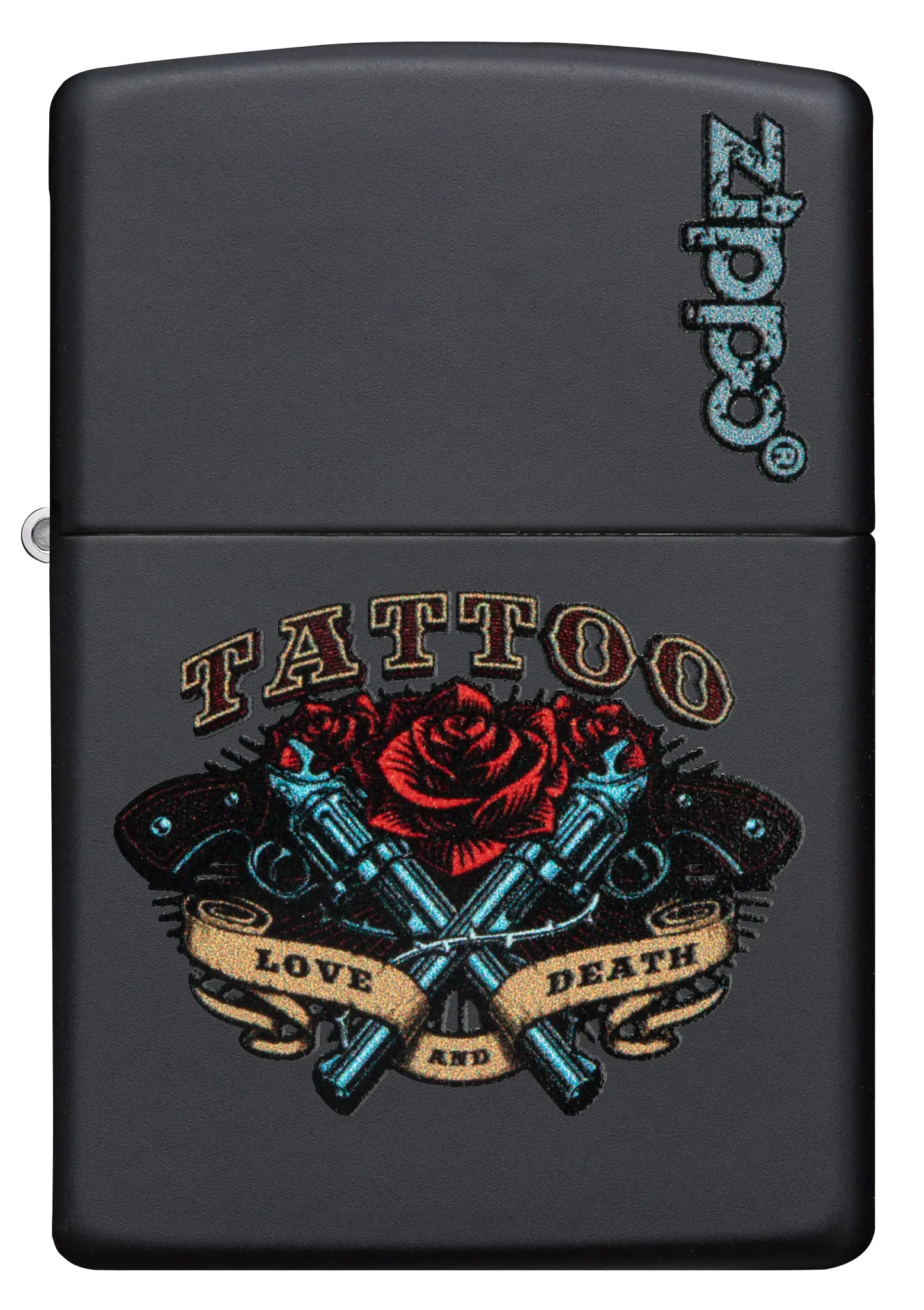 Front shot of Zippo Bejeweled Beetle Design High Polish Brass Windproof Lighter standing at a 3/4 angle.