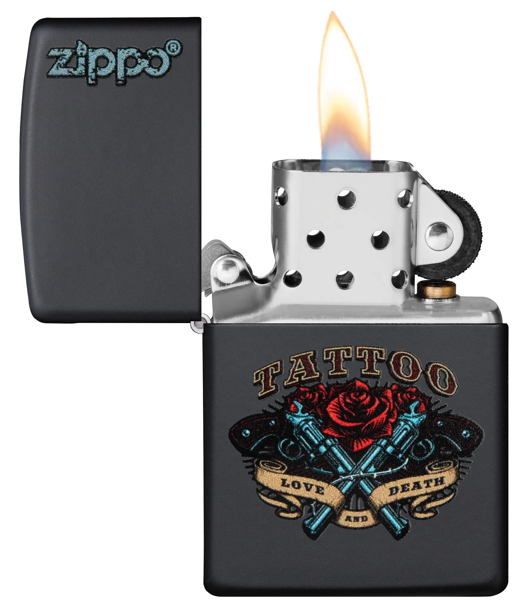 Front shot of Zippo Bejeweled Beetle Design High Polish Brass Windproof Lighter standing at a 3/4 angle.