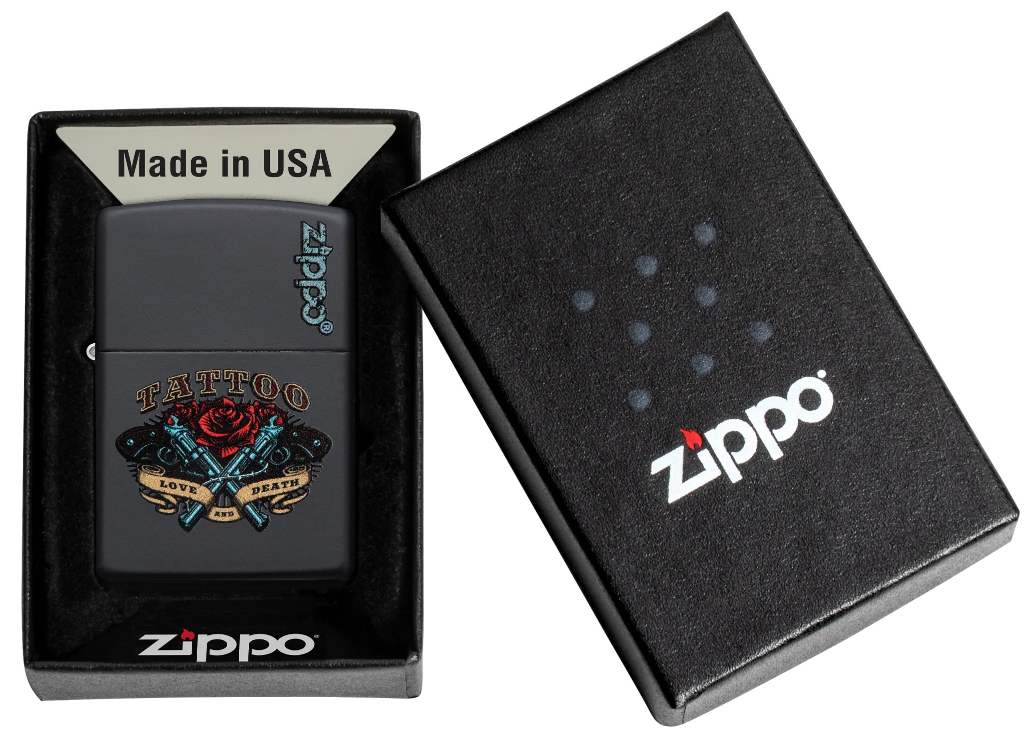 Front shot of Zippo Bejeweled Beetle Design High Polish Brass Windproof Lighter standing at a 3/4 angle.