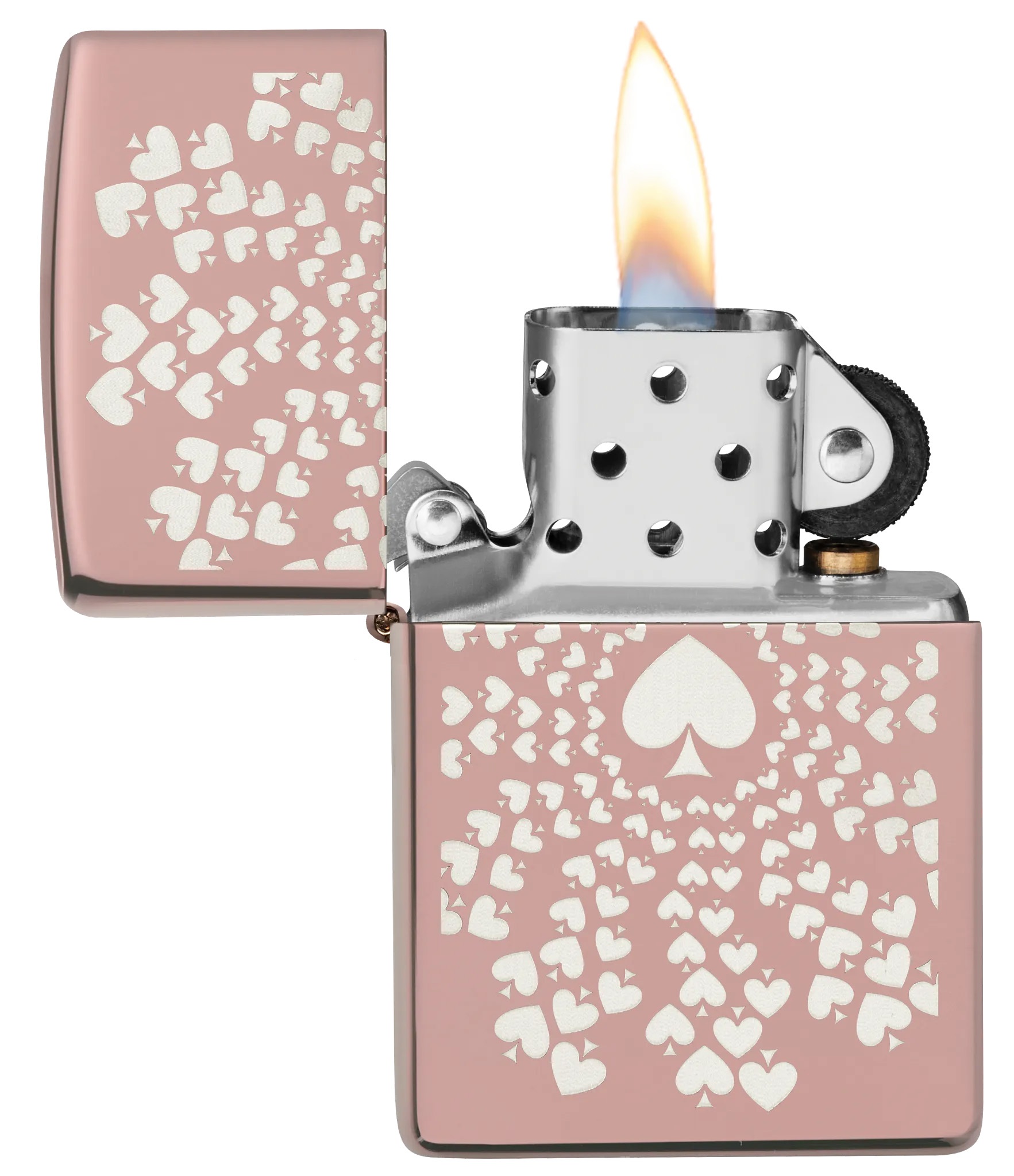 Front shot of Zippo Bejeweled Beetle Design High Polish Brass Windproof Lighter standing at a 3/4 angle.
