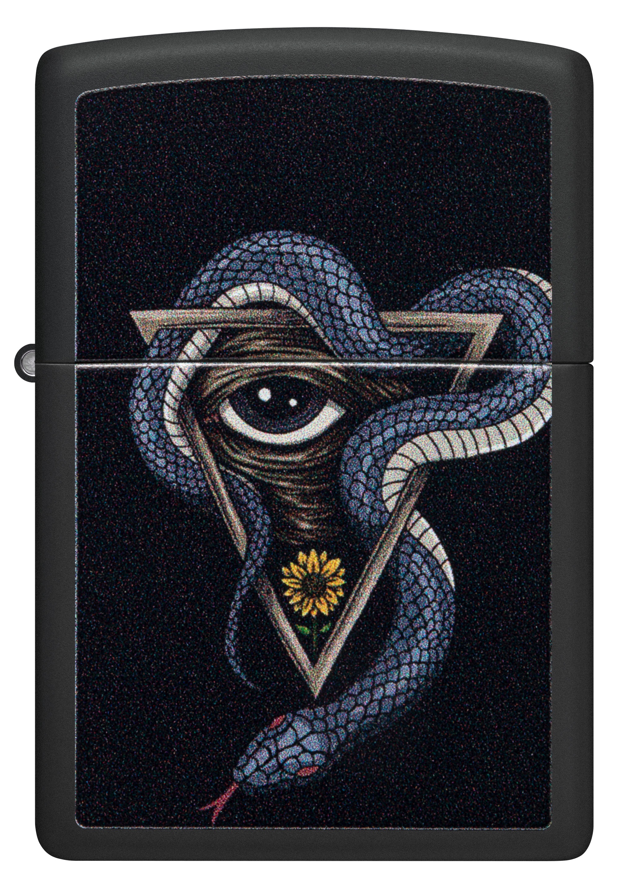 Front shot of Zippo Bejeweled Beetle Design High Polish Brass Windproof Lighter standing at a 3/4 angle.