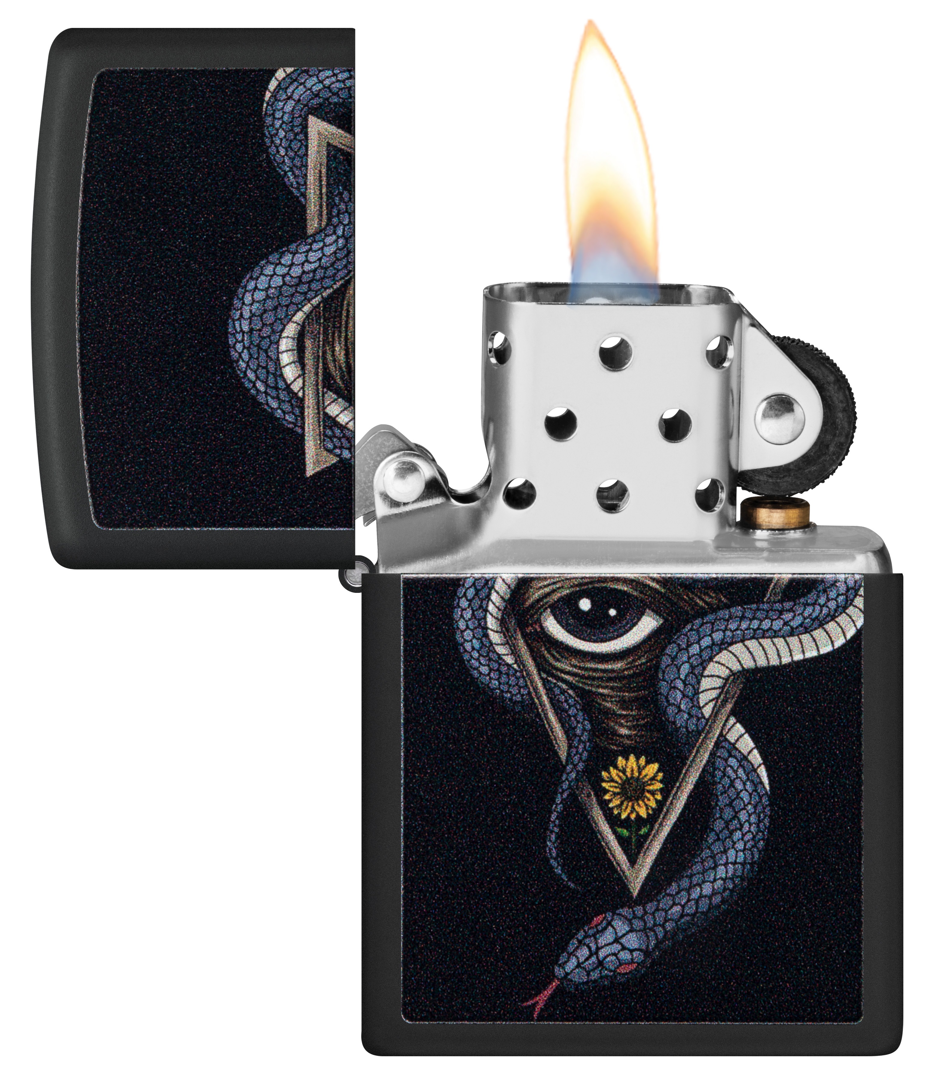 Front shot of Zippo Bejeweled Beetle Design High Polish Brass Windproof Lighter standing at a 3/4 angle.