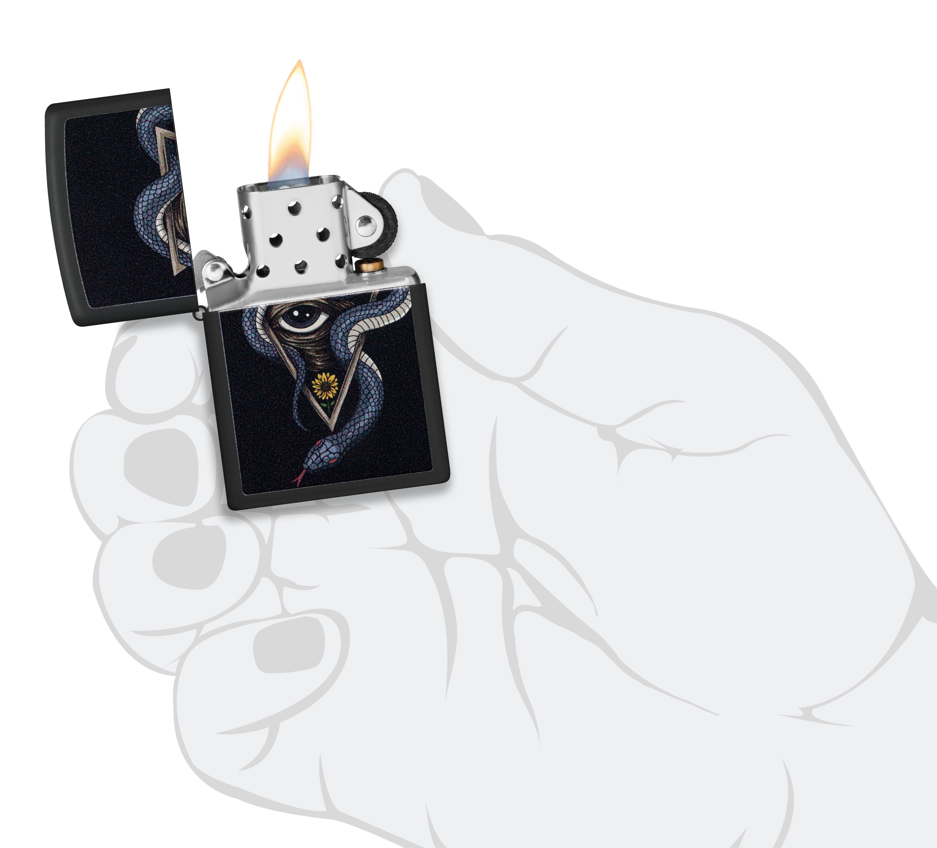 Front shot of Zippo Bejeweled Beetle Design High Polish Brass Windproof Lighter standing at a 3/4 angle.
