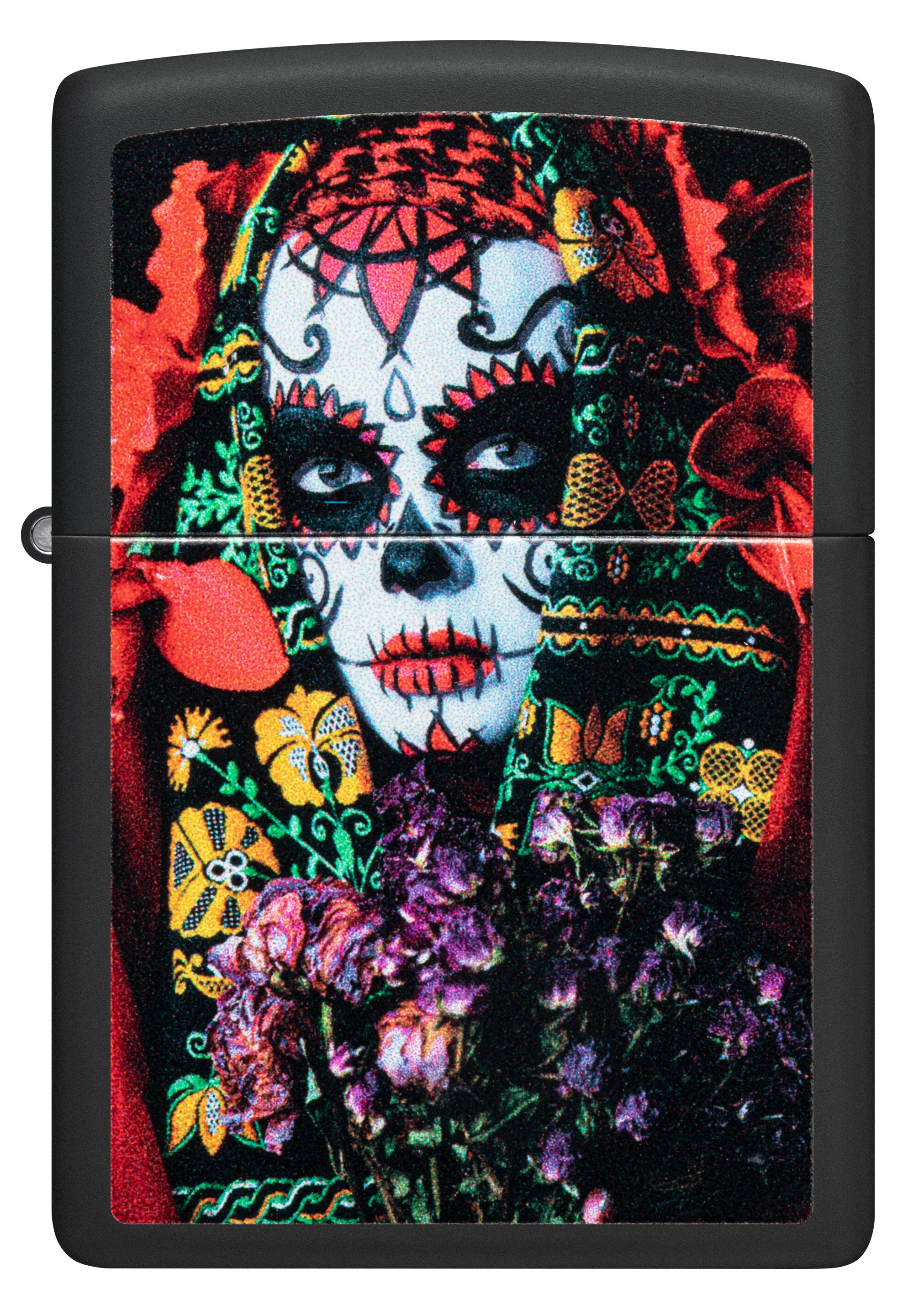 Front shot of Zippo Bejeweled Beetle Design High Polish Brass Windproof Lighter standing at a 3/4 angle.