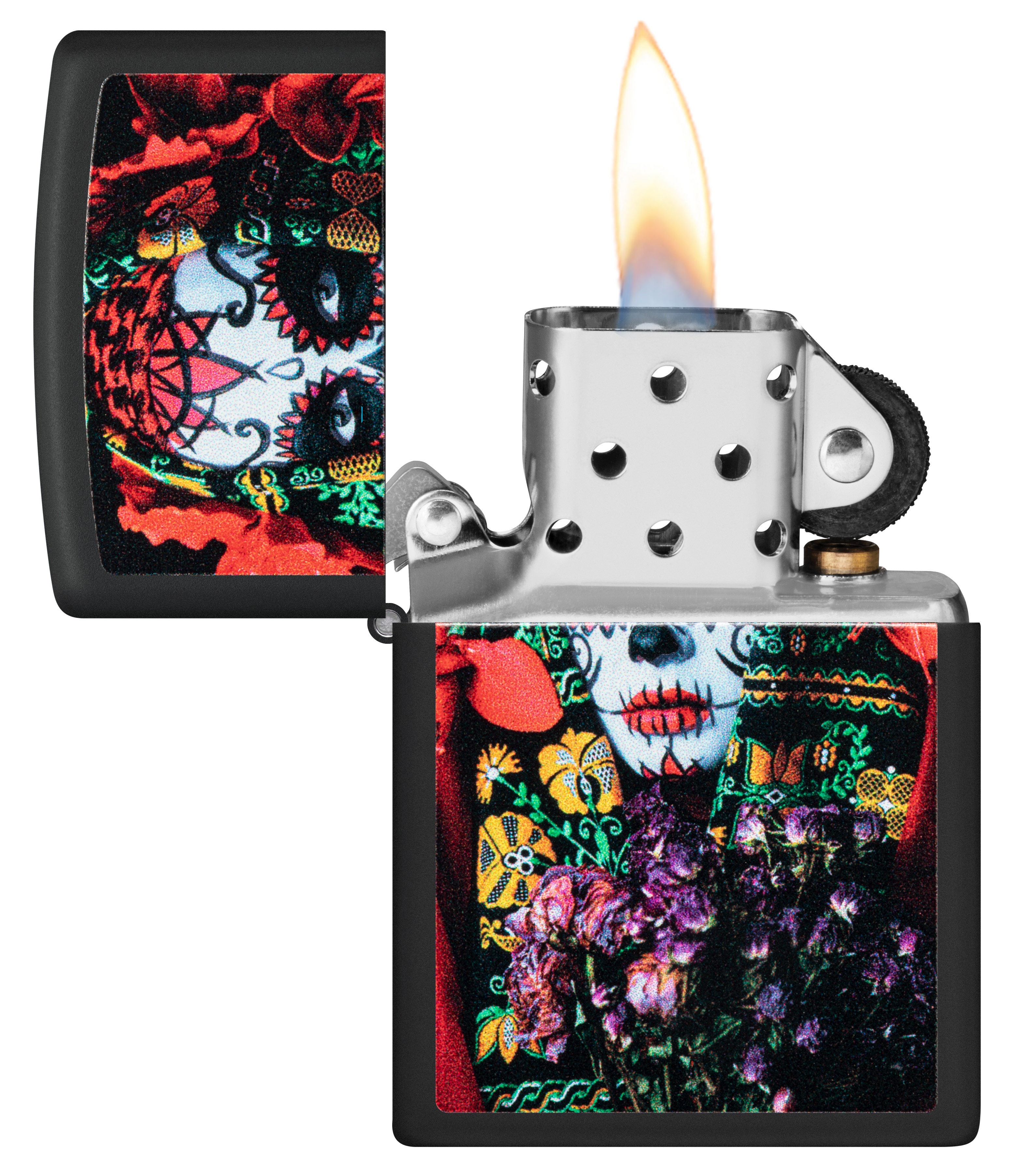 Front shot of Zippo Bejeweled Beetle Design High Polish Brass Windproof Lighter standing at a 3/4 angle.