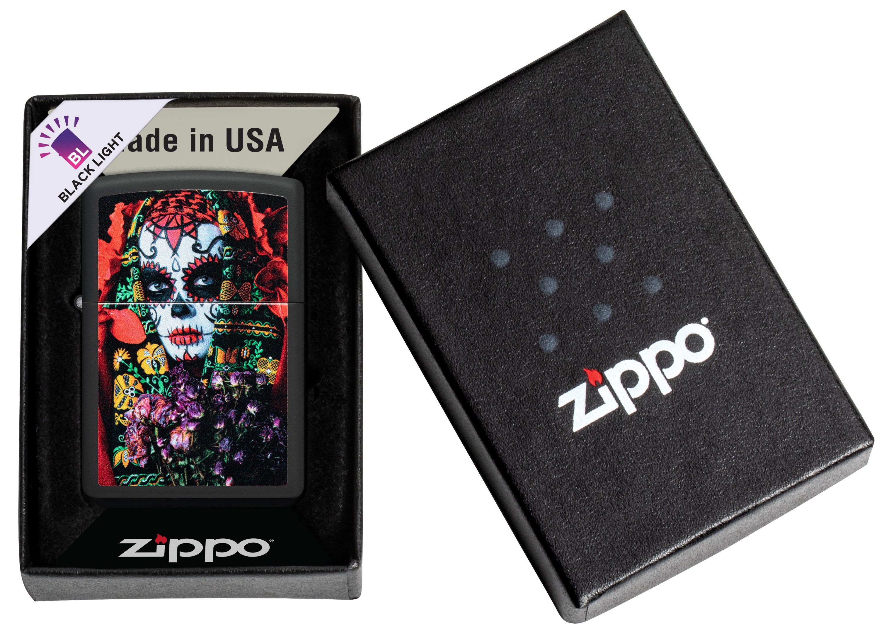 Front shot of Zippo Bejeweled Beetle Design High Polish Brass Windproof Lighter standing at a 3/4 angle.