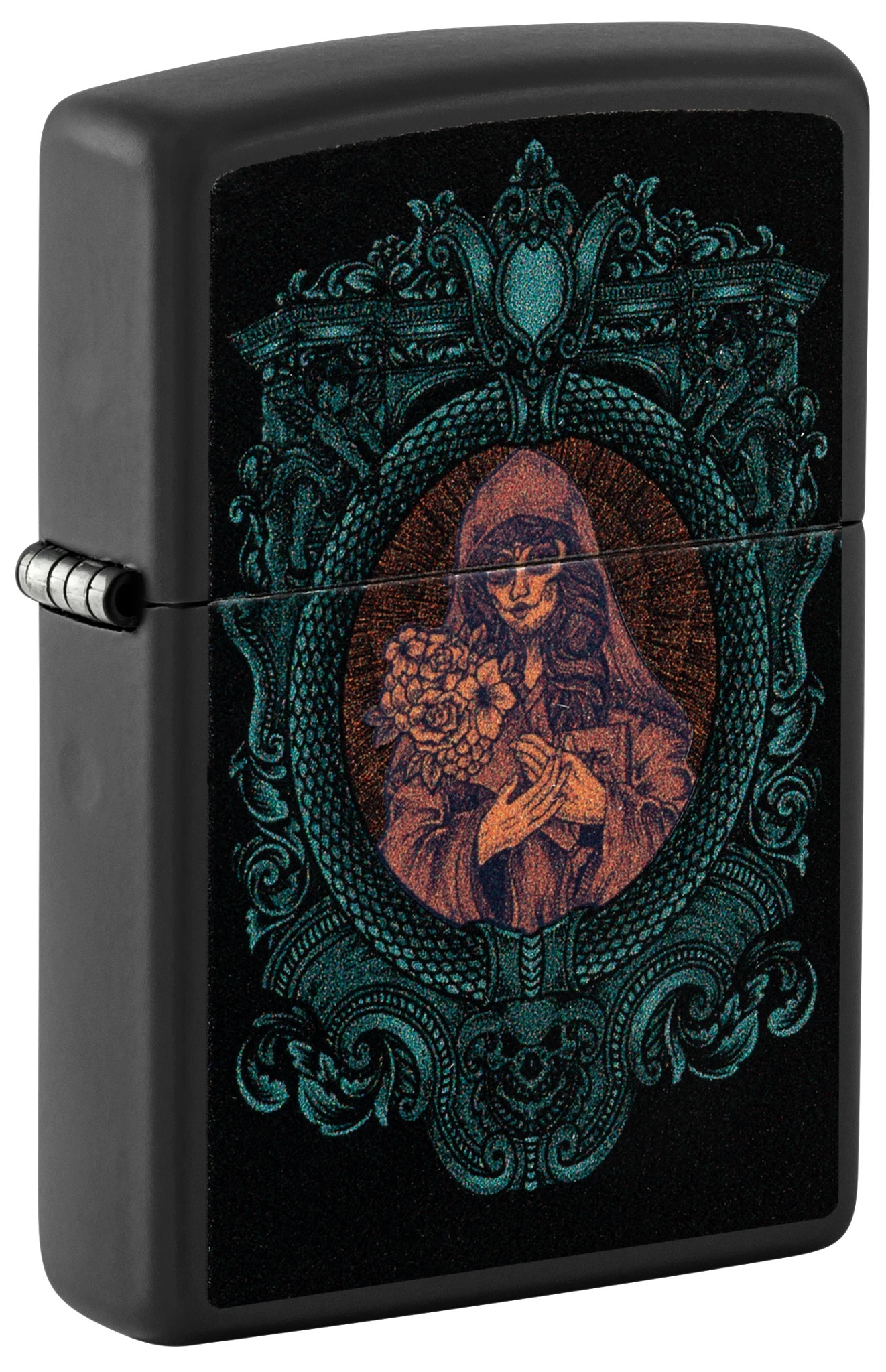 Front shot of Zippo Bejeweled Beetle Design High Polish Brass Windproof Lighter standing at a 3/4 angle.