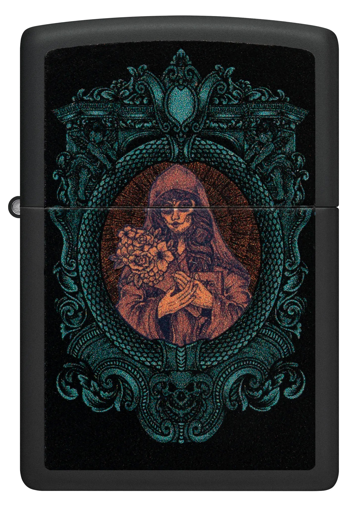 Front shot of Zippo Bejeweled Beetle Design High Polish Brass Windproof Lighter standing at a 3/4 angle.