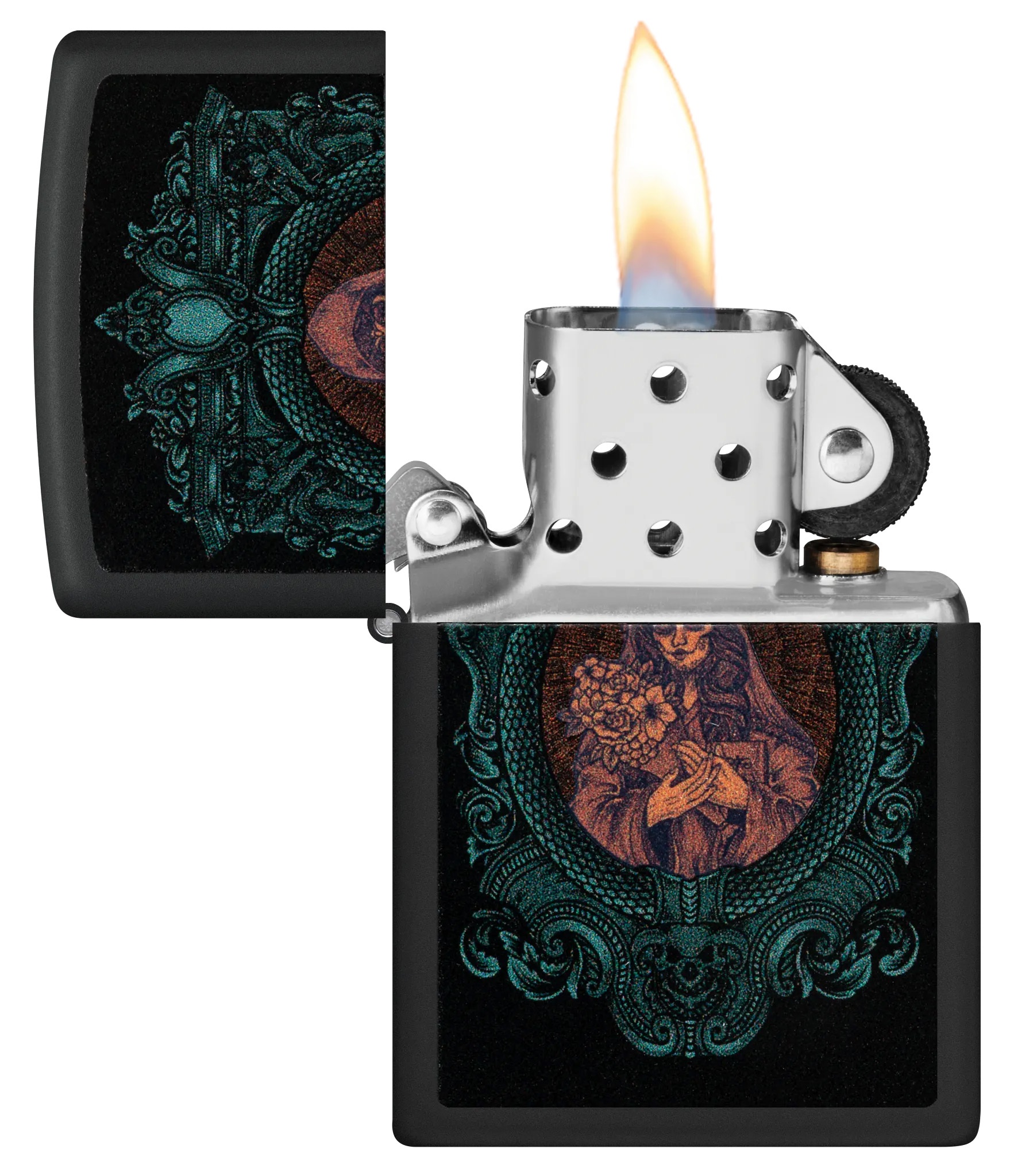 Front shot of Zippo Bejeweled Beetle Design High Polish Brass Windproof Lighter standing at a 3/4 angle.