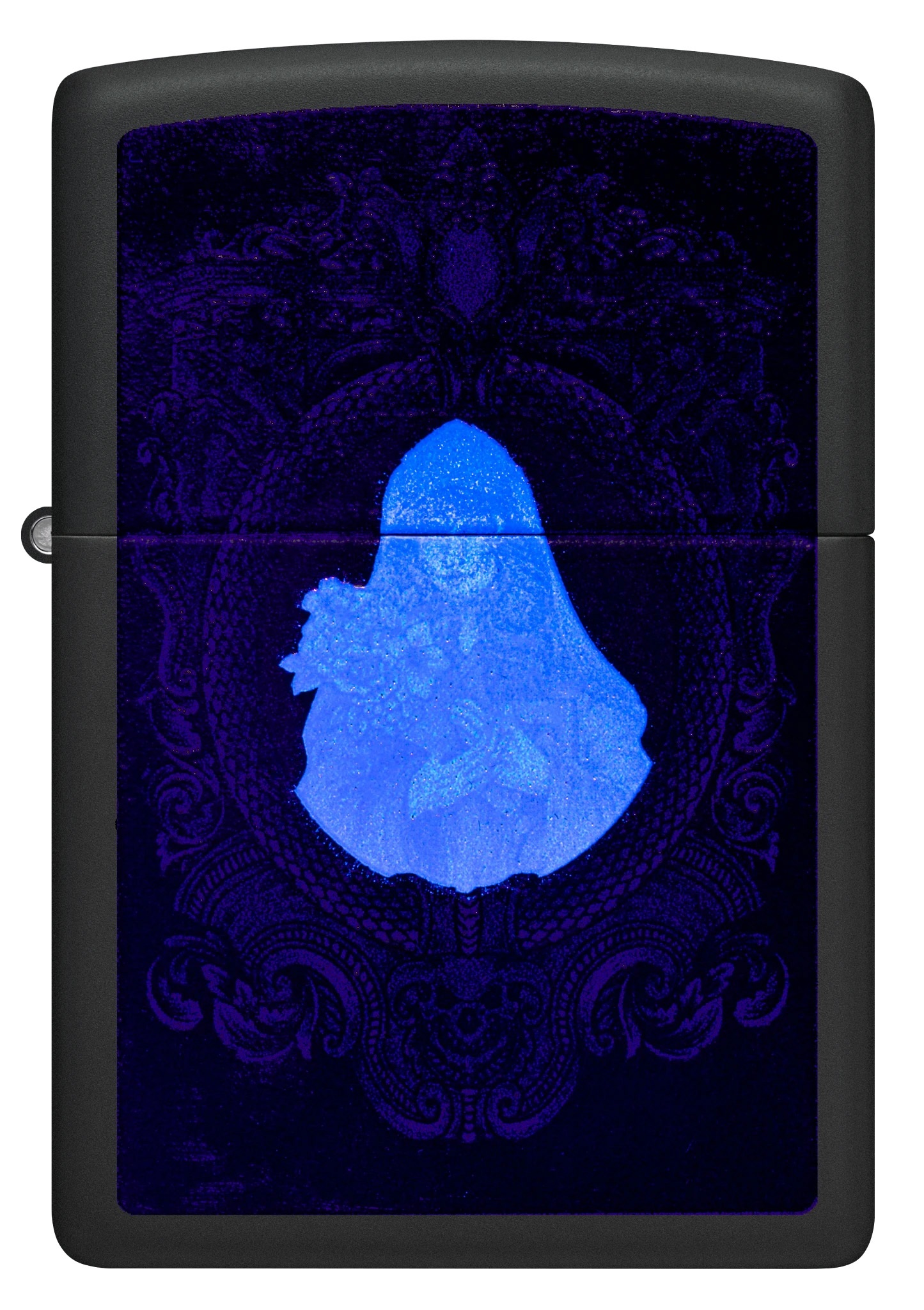 Front shot of Zippo Bejeweled Beetle Design High Polish Brass Windproof Lighter standing at a 3/4 angle.