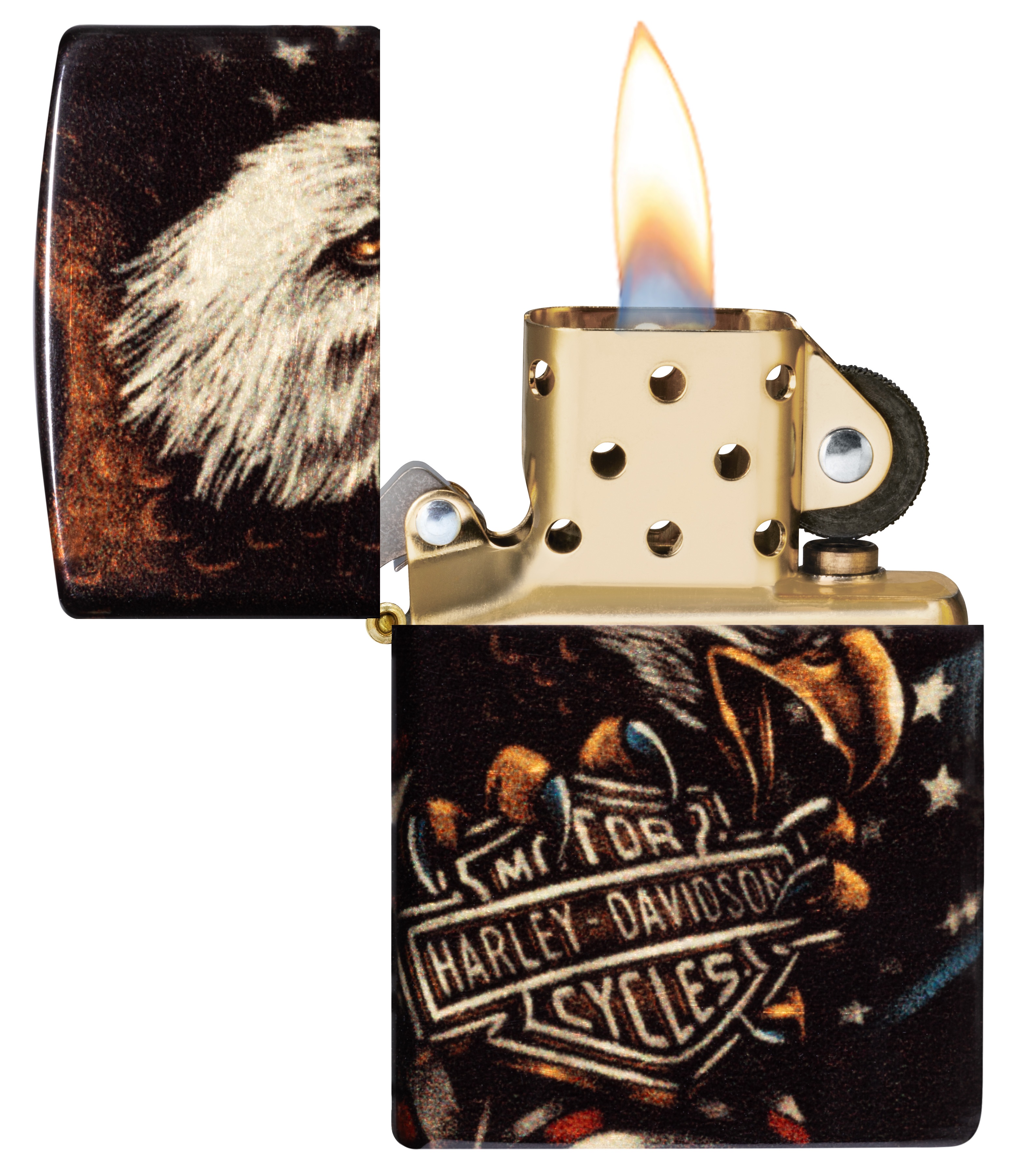 Front shot of Zippo Bejeweled Beetle Design High Polish Brass Windproof Lighter standing at a 3/4 angle.
