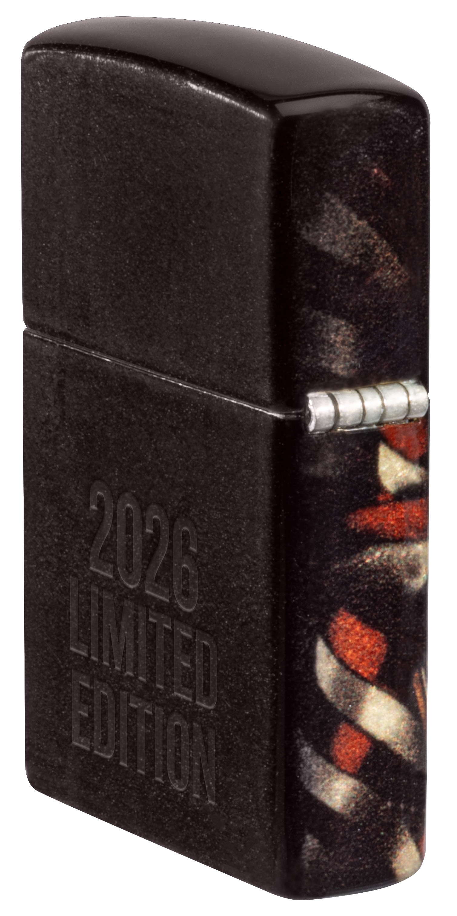 Front shot of Zippo Bejeweled Beetle Design High Polish Brass Windproof Lighter standing at a 3/4 angle.