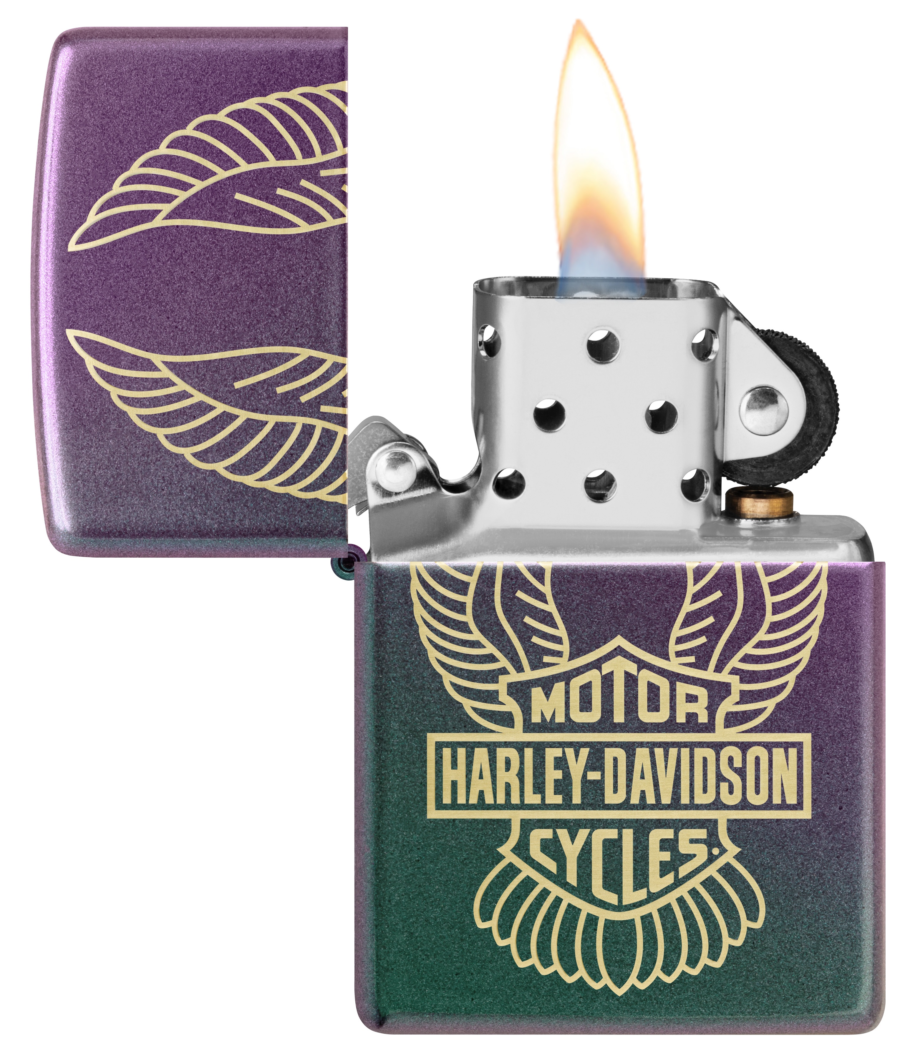 Front shot of Zippo Bejeweled Beetle Design High Polish Brass Windproof Lighter standing at a 3/4 angle.