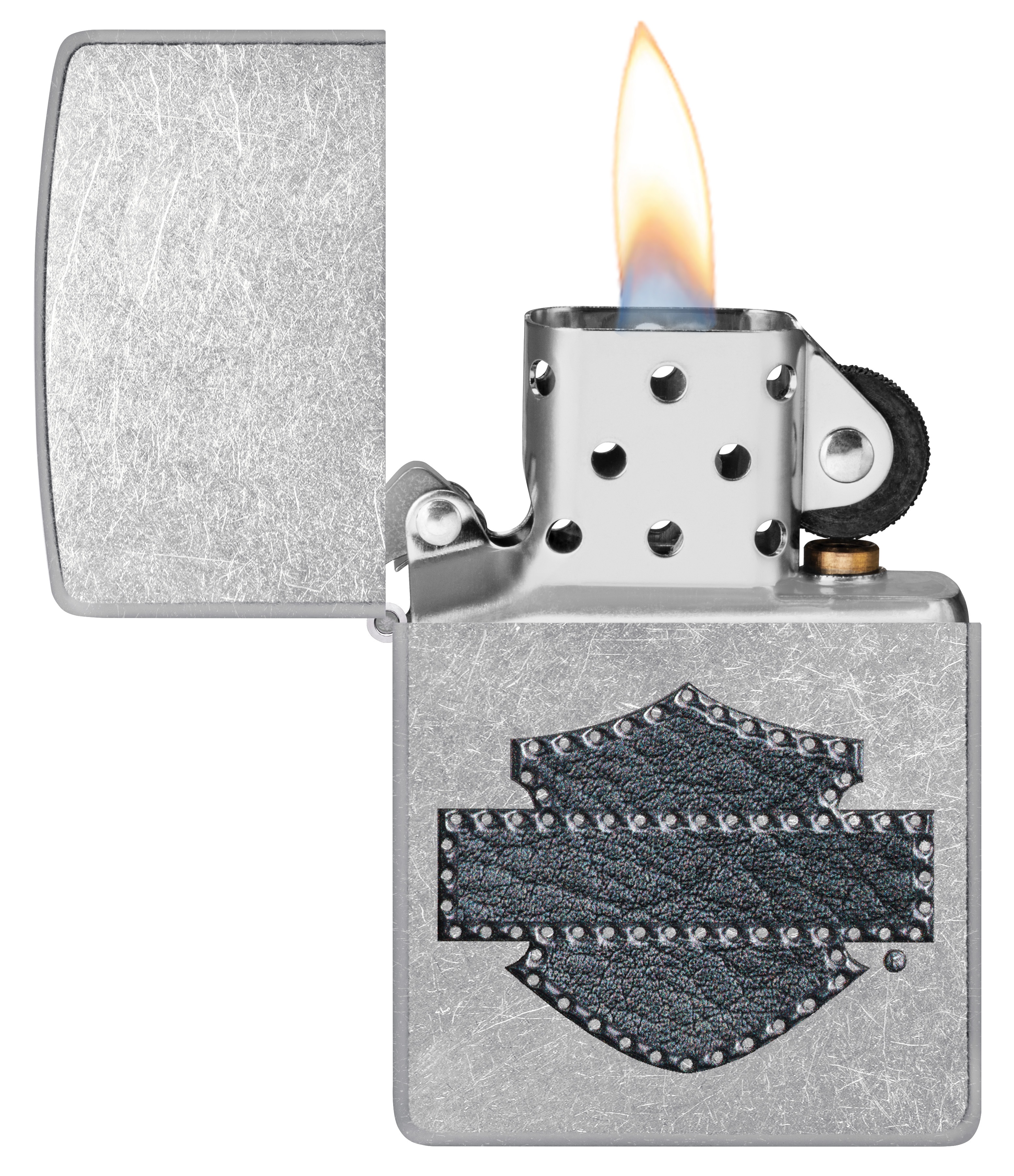 Front shot of Zippo Bejeweled Beetle Design High Polish Brass Windproof Lighter standing at a 3/4 angle.