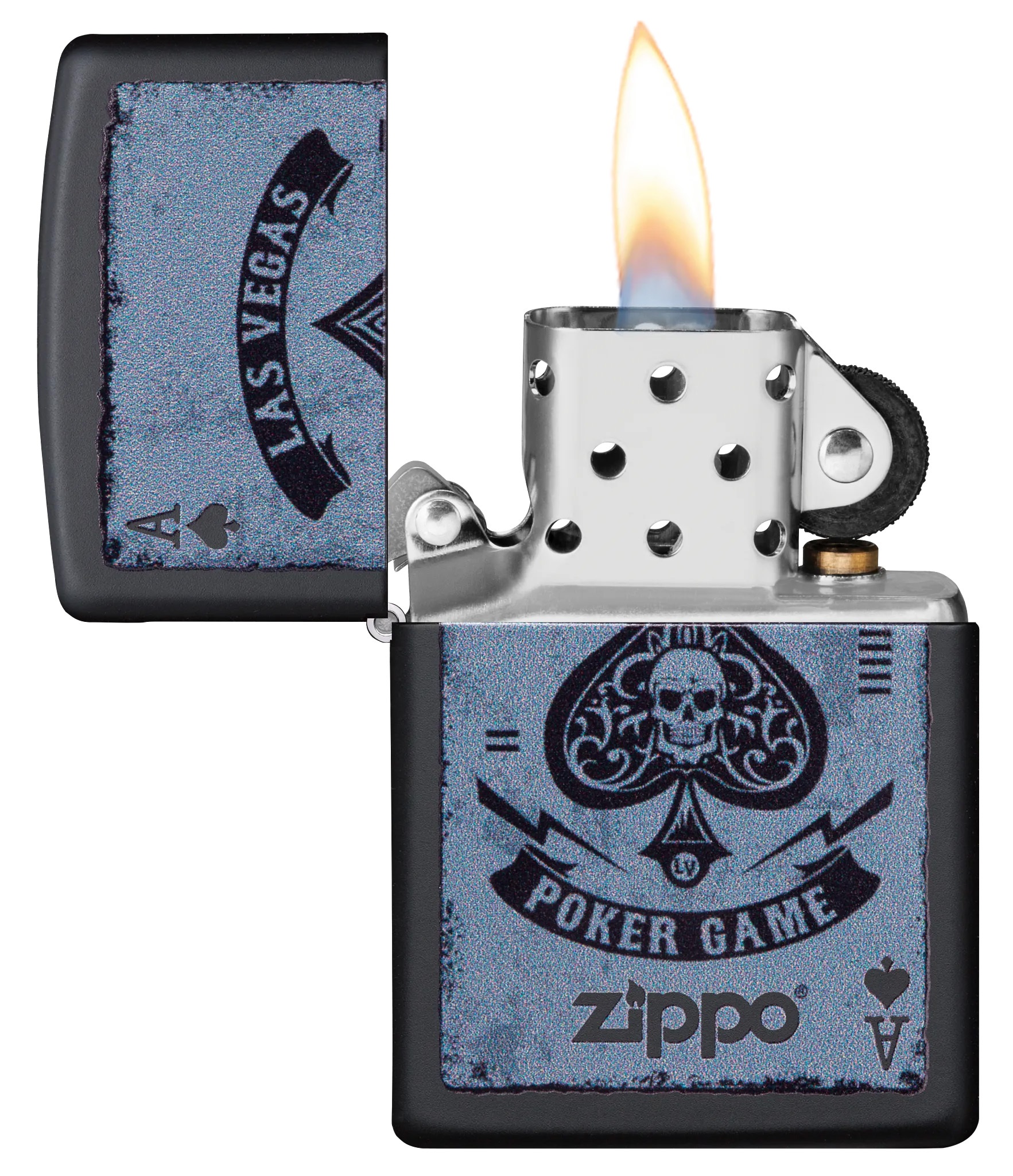 Front shot of Zippo Bejeweled Beetle Design High Polish Brass Windproof Lighter standing at a 3/4 angle.
