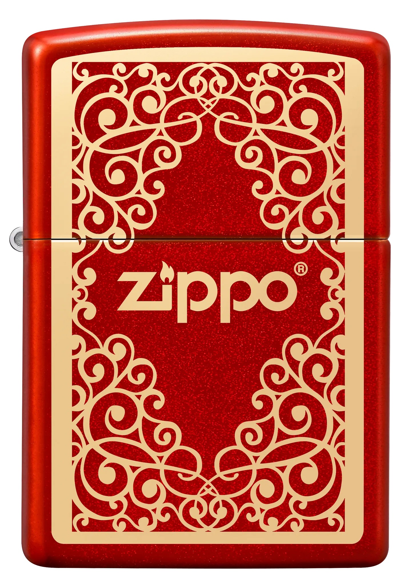 Front shot of Zippo Bejeweled Beetle Design High Polish Brass Windproof Lighter standing at a 3/4 angle.