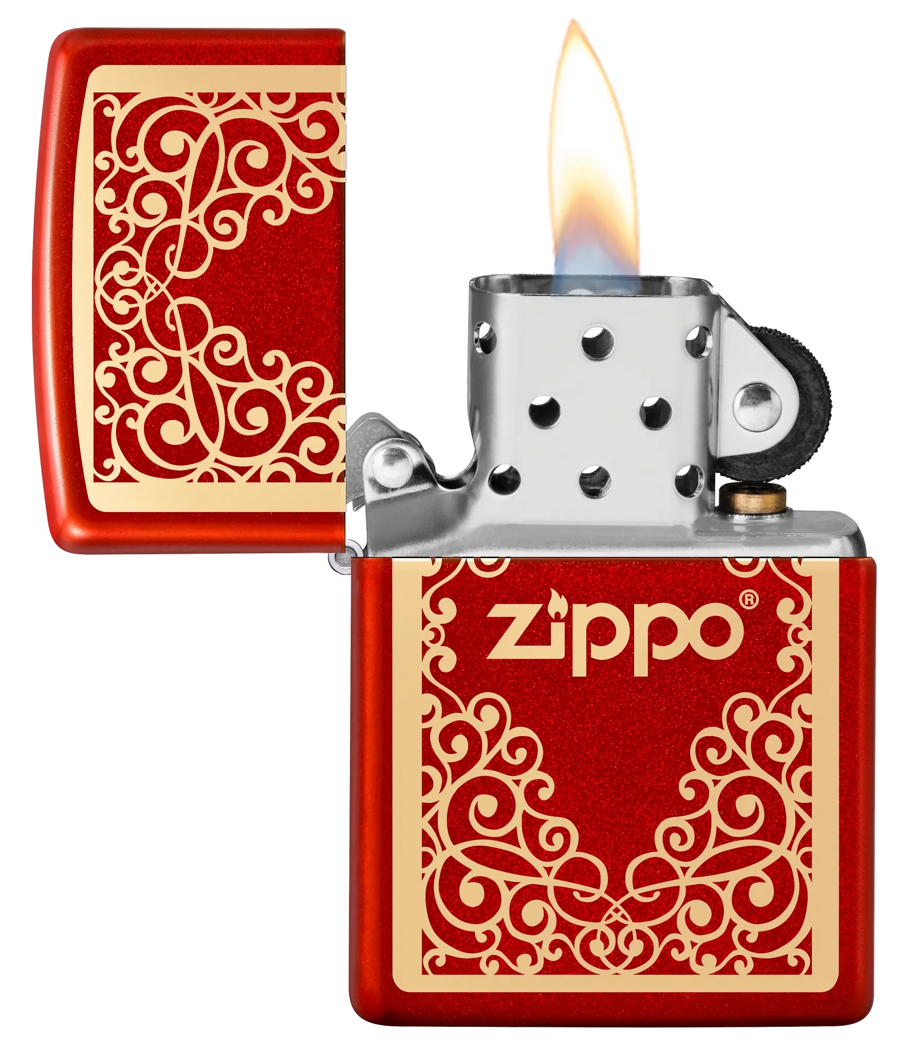 Front shot of Zippo Bejeweled Beetle Design High Polish Brass Windproof Lighter standing at a 3/4 angle.