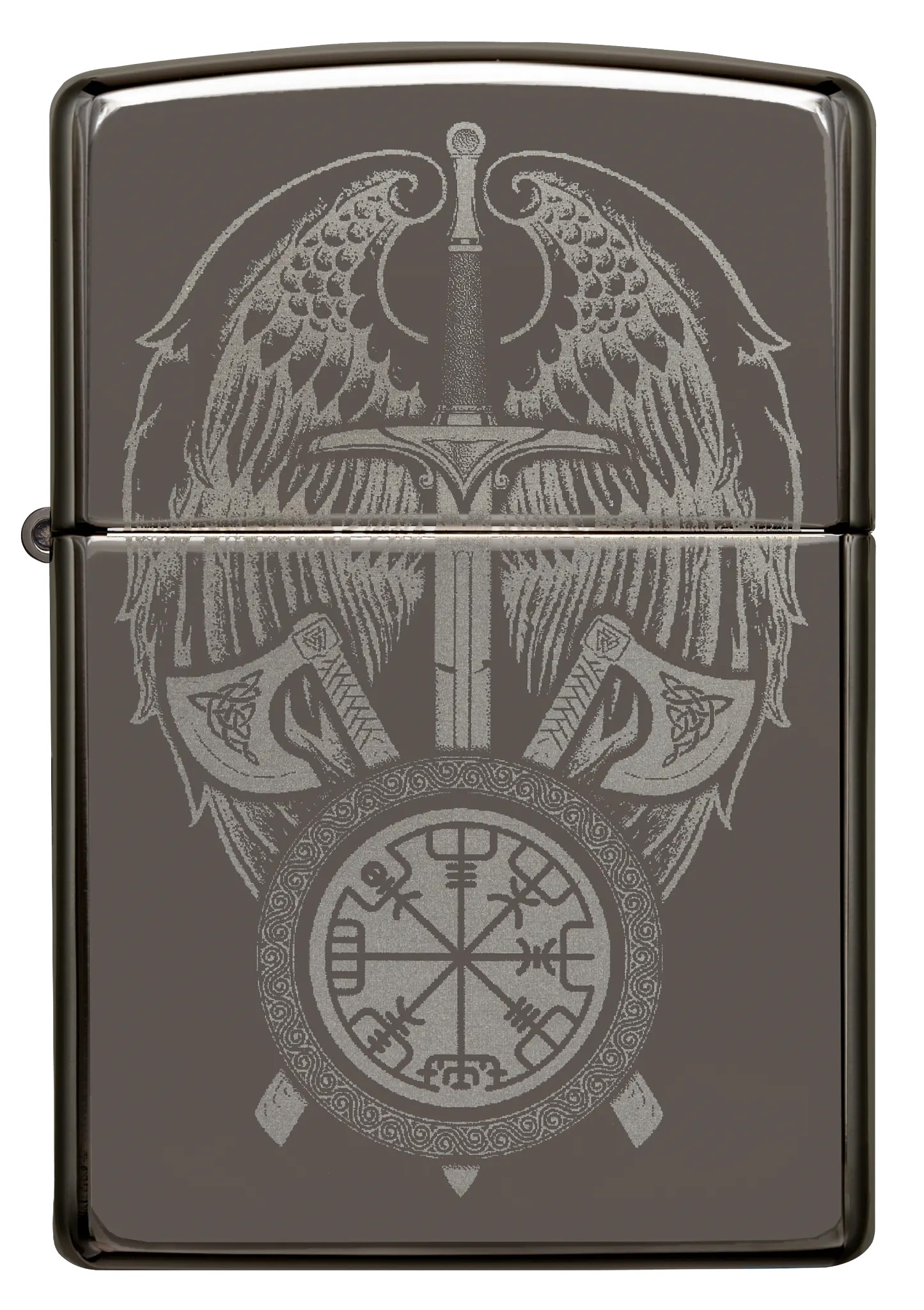 Front shot of Zippo Bejeweled Beetle Design High Polish Brass Windproof Lighter standing at a 3/4 angle.