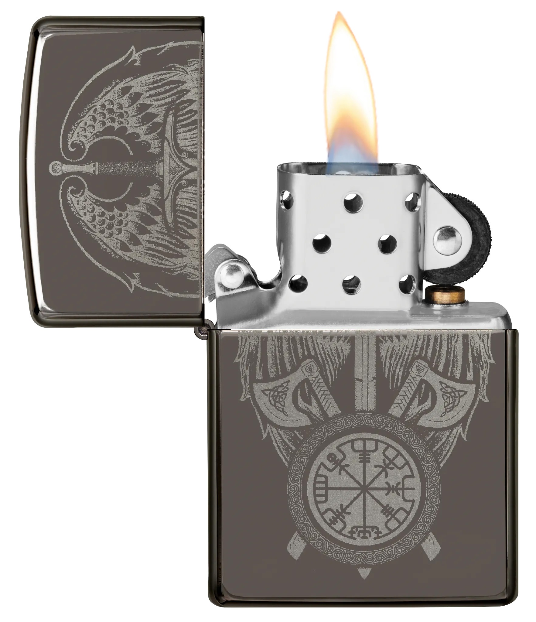 Front shot of Zippo Bejeweled Beetle Design High Polish Brass Windproof Lighter standing at a 3/4 angle.