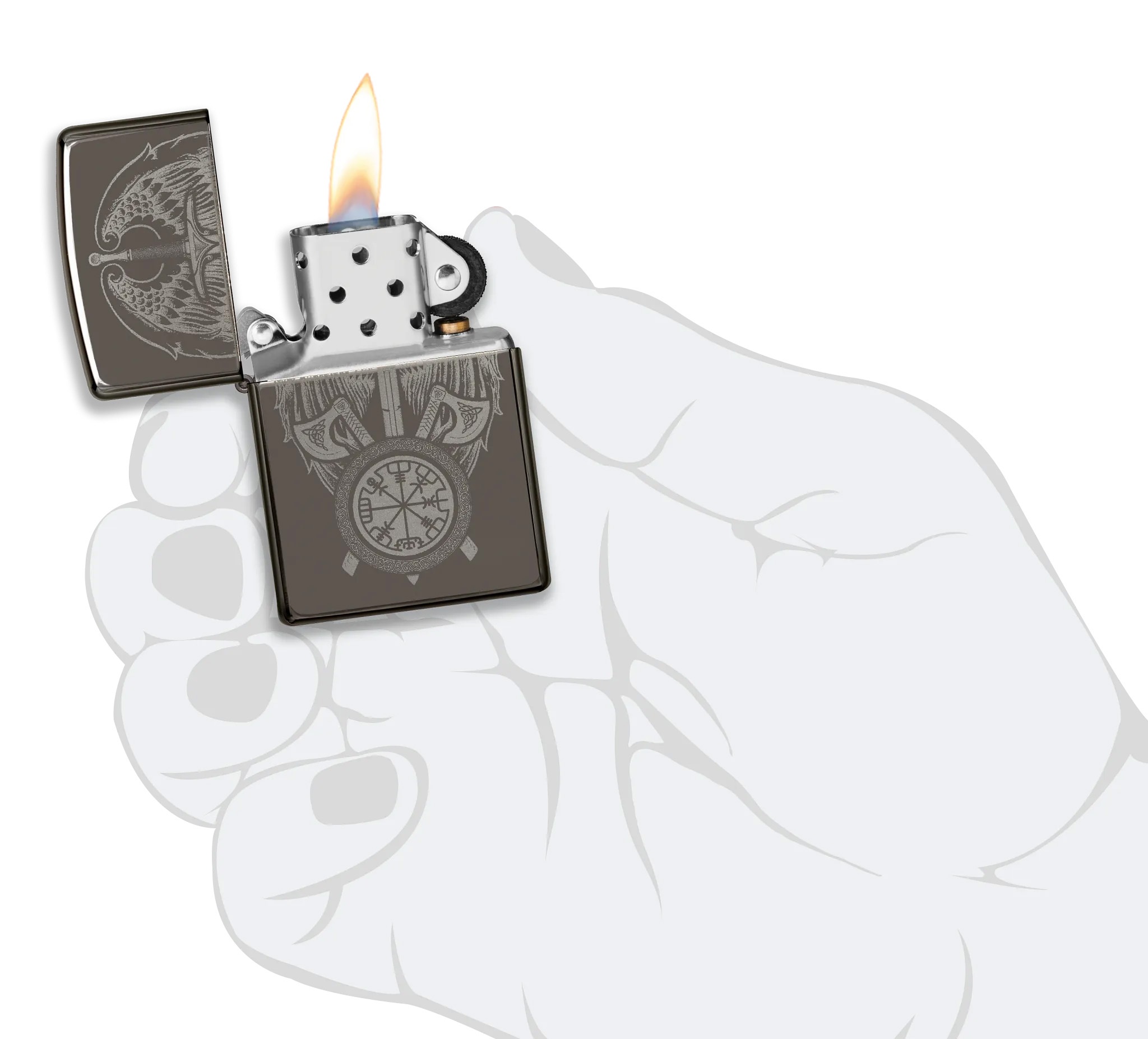 Front shot of Zippo Bejeweled Beetle Design High Polish Brass Windproof Lighter standing at a 3/4 angle.