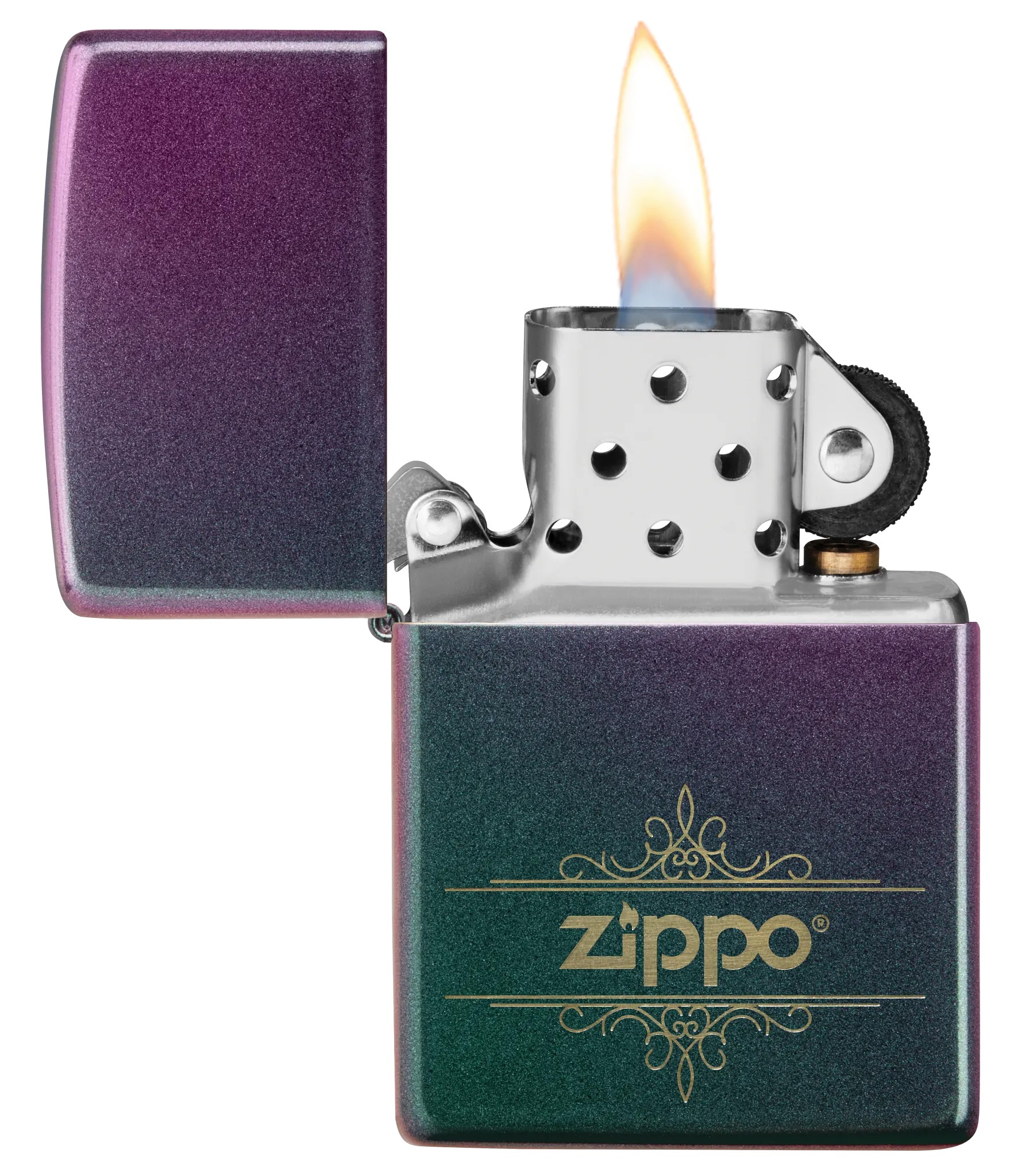Front shot of Zippo Bejeweled Beetle Design High Polish Brass Windproof Lighter standing at a 3/4 angle.