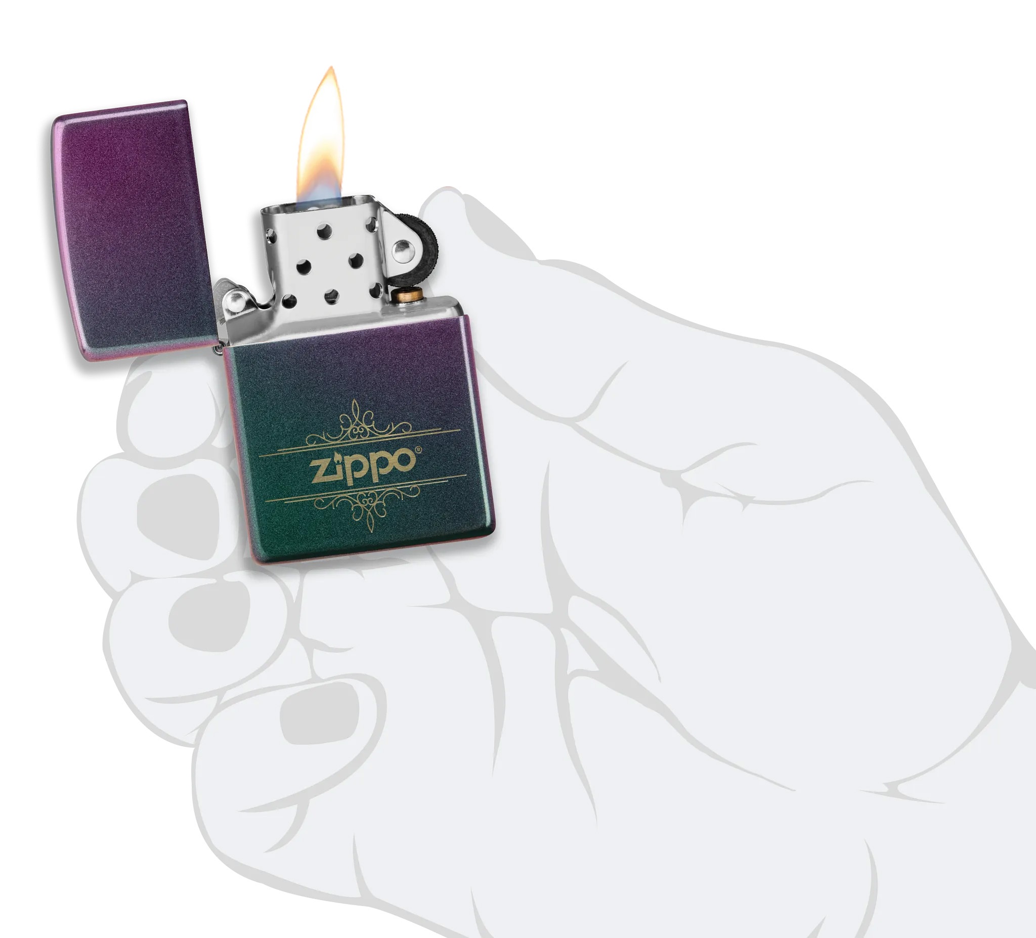 Front shot of Zippo Bejeweled Beetle Design High Polish Brass Windproof Lighter standing at a 3/4 angle.