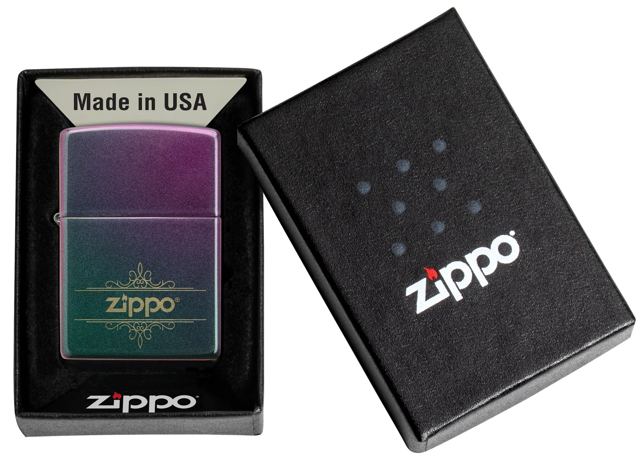 Front shot of Zippo Bejeweled Beetle Design High Polish Brass Windproof Lighter standing at a 3/4 angle.